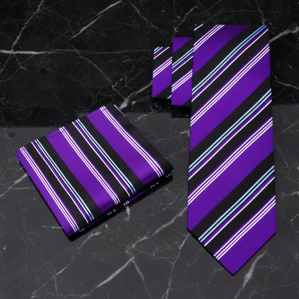 Alt View; Purple, Black, White, Light Blue Stripe Tie and Matching Square