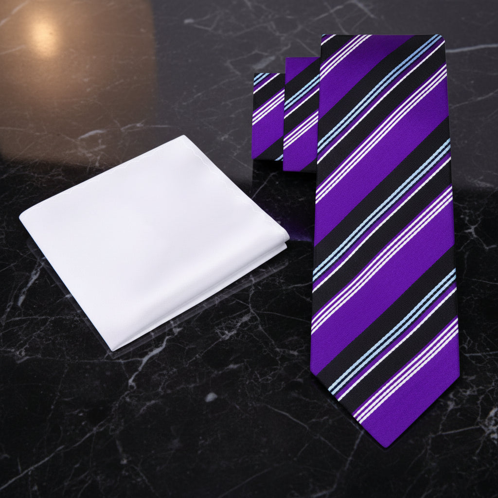 Alt View: Purple, Black, White, Light Blue Stripe Tie and White Square