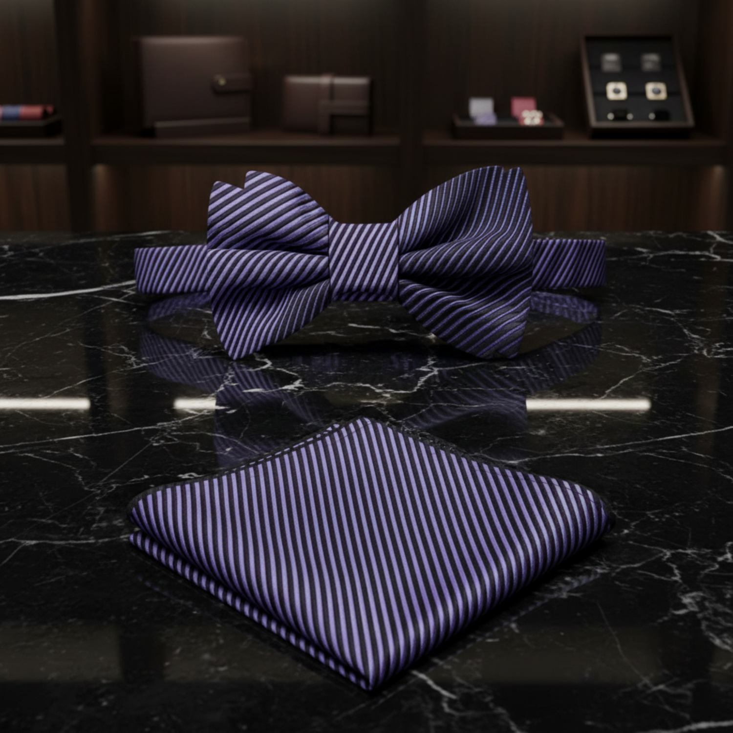Purple black Lines Bow Tie with Square