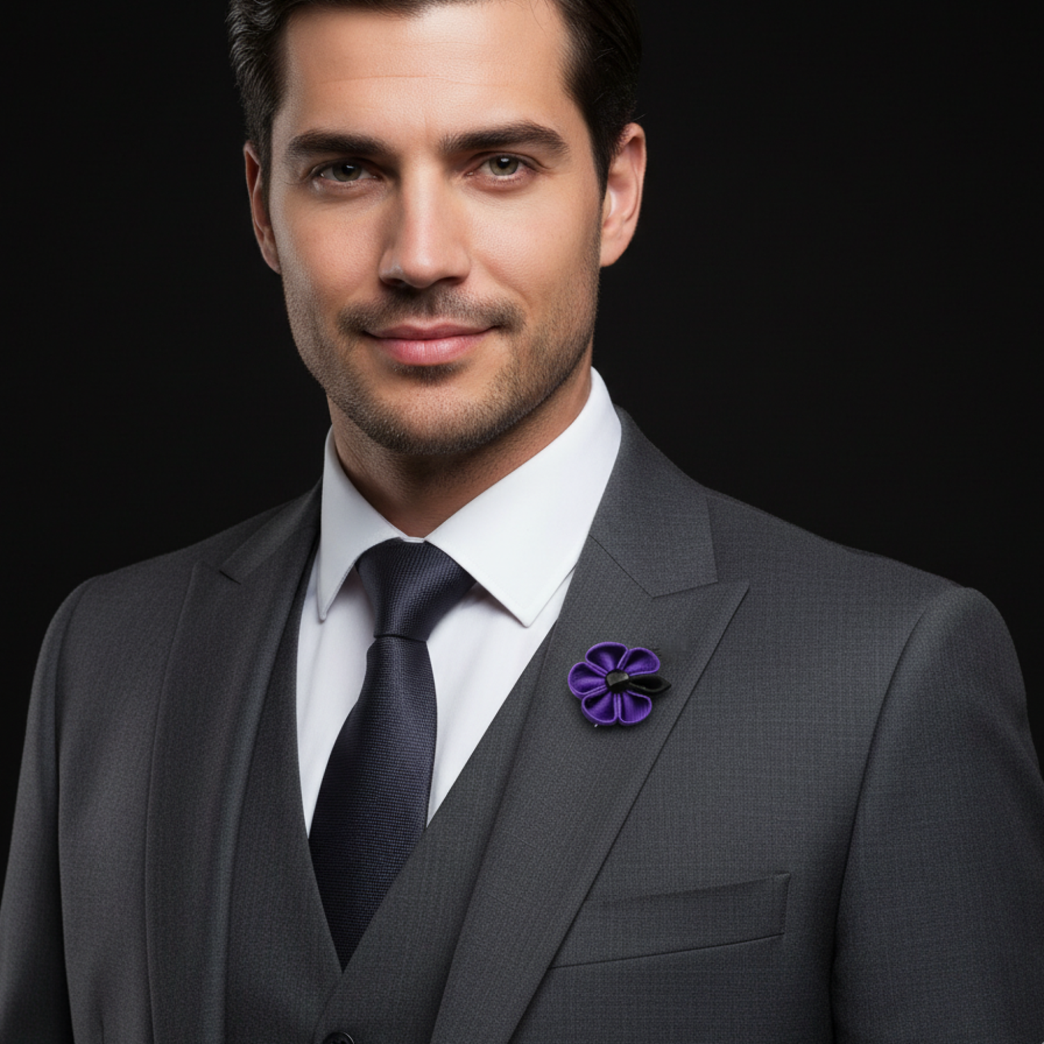 Man wearing a gray suit with a purple flower lapel pin on a black background