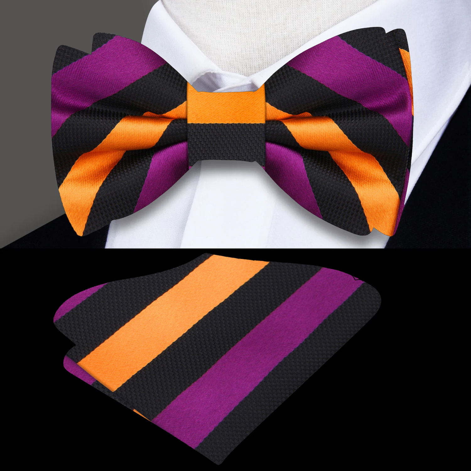 A Purple, Gold, Black Stripe Pattern Self Tie Bow Tie, Matching Pocket Square