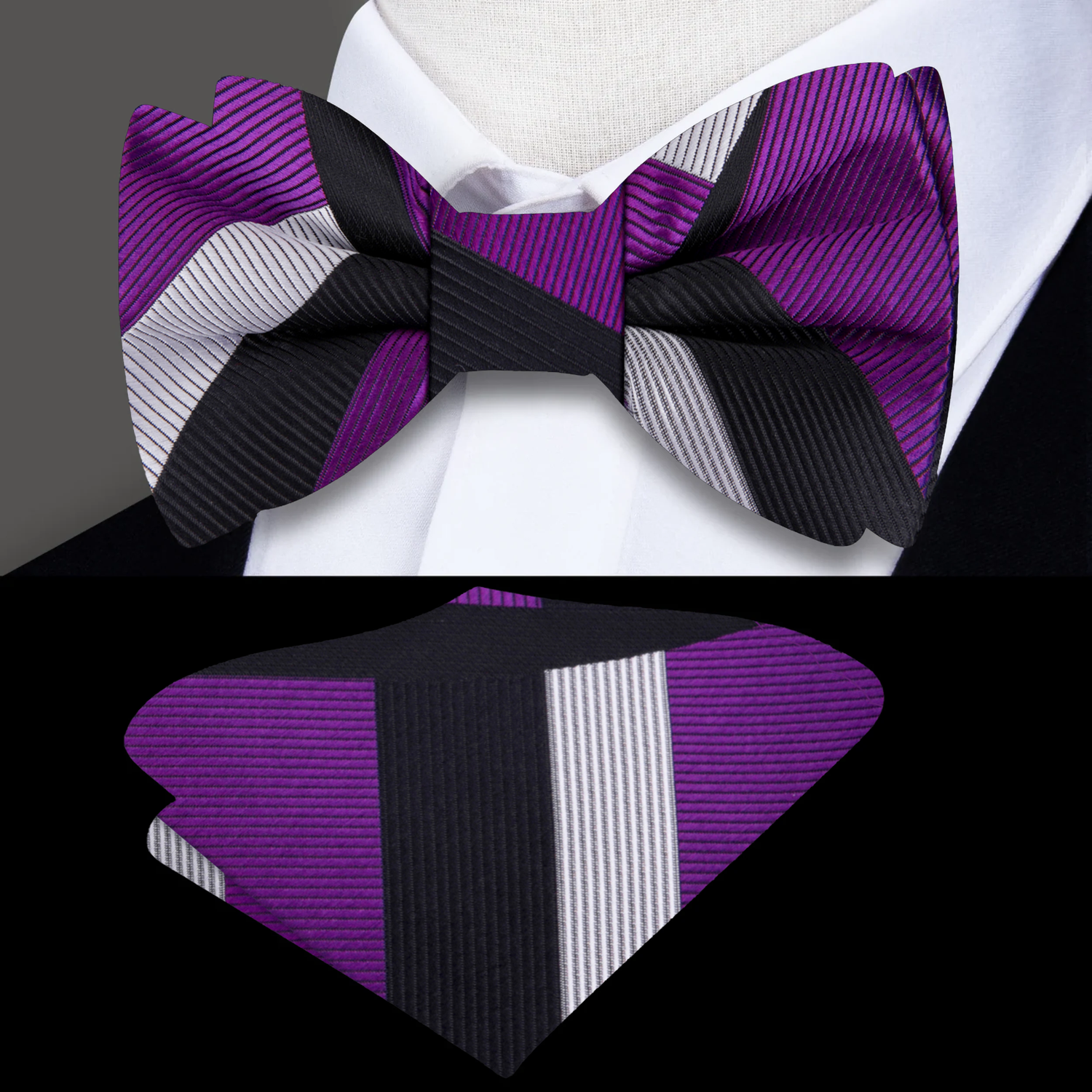 Purple Grey and Black Abstract Geometric Bow Tie and Square 