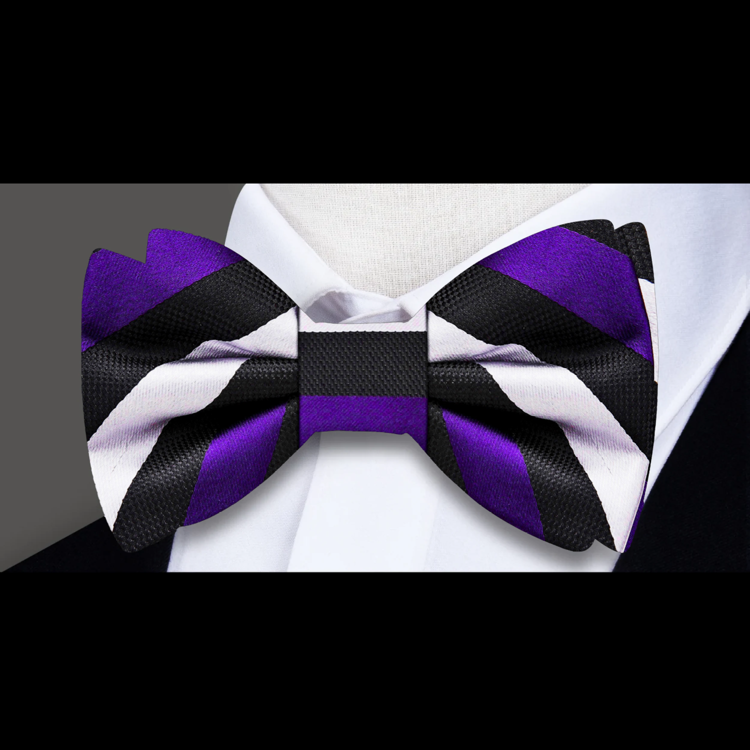 A Purple, Black, White Stripe Pattern Self Tie Bow Tie 