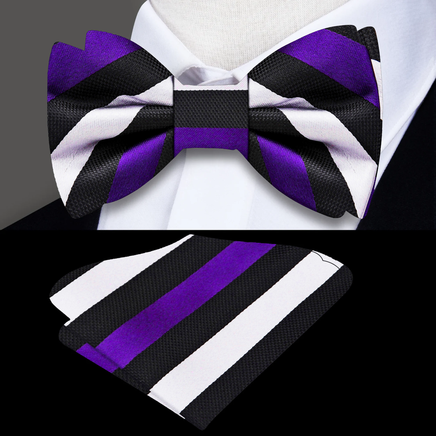 A Purple, Black, White Stripe Pattern Self Tie Bow Tie, Matching Pocket Square