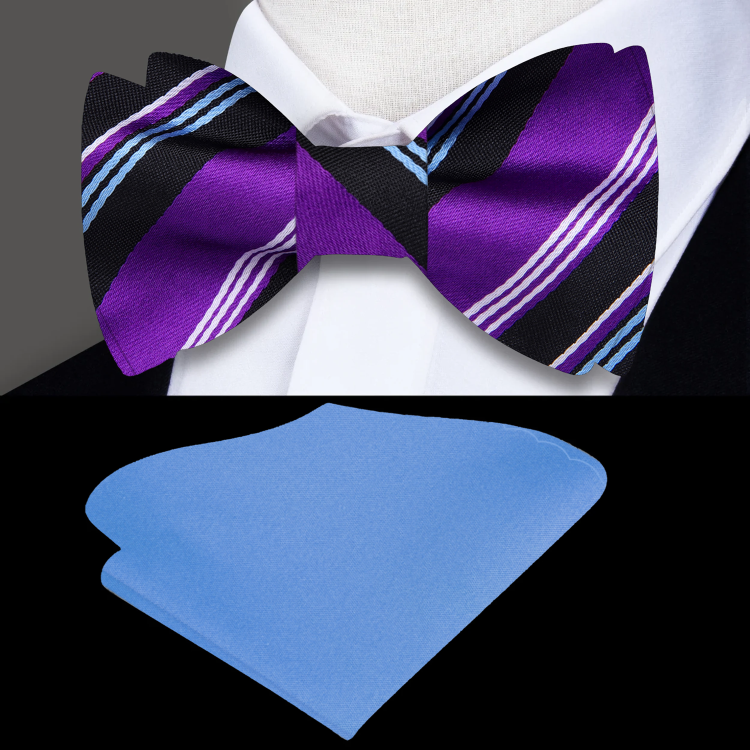 Purple and black striped bow tie with a blue pocket square on a mannequin.