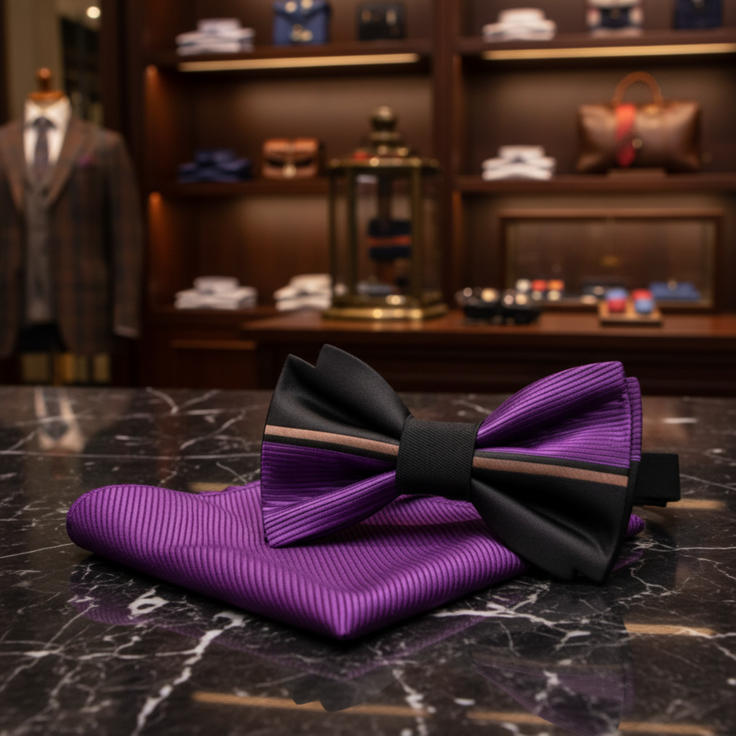 Purple, Black Lined Bow Tie and Pocket Square||Purple, Black
