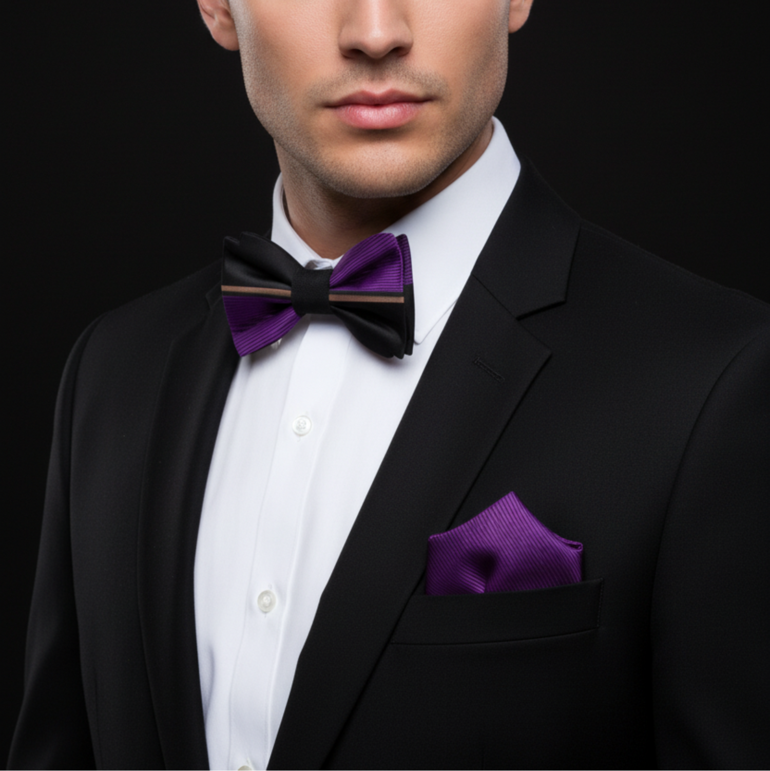 Purple and Black Stripe Bow Tie and Square on man