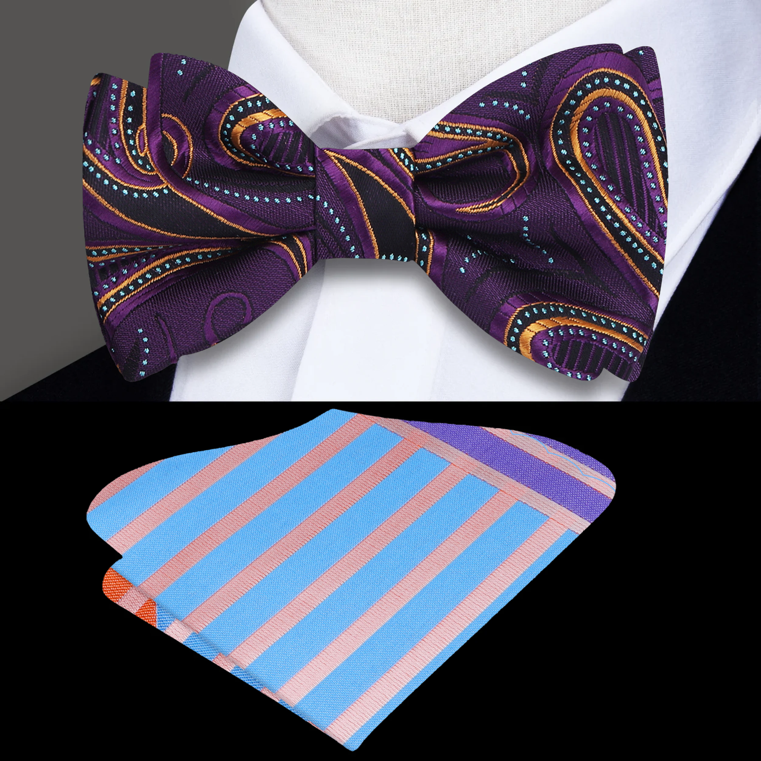 Purple Black Orange Dusk Till Dawn Paisley Bow Tie and Accenting Square 1