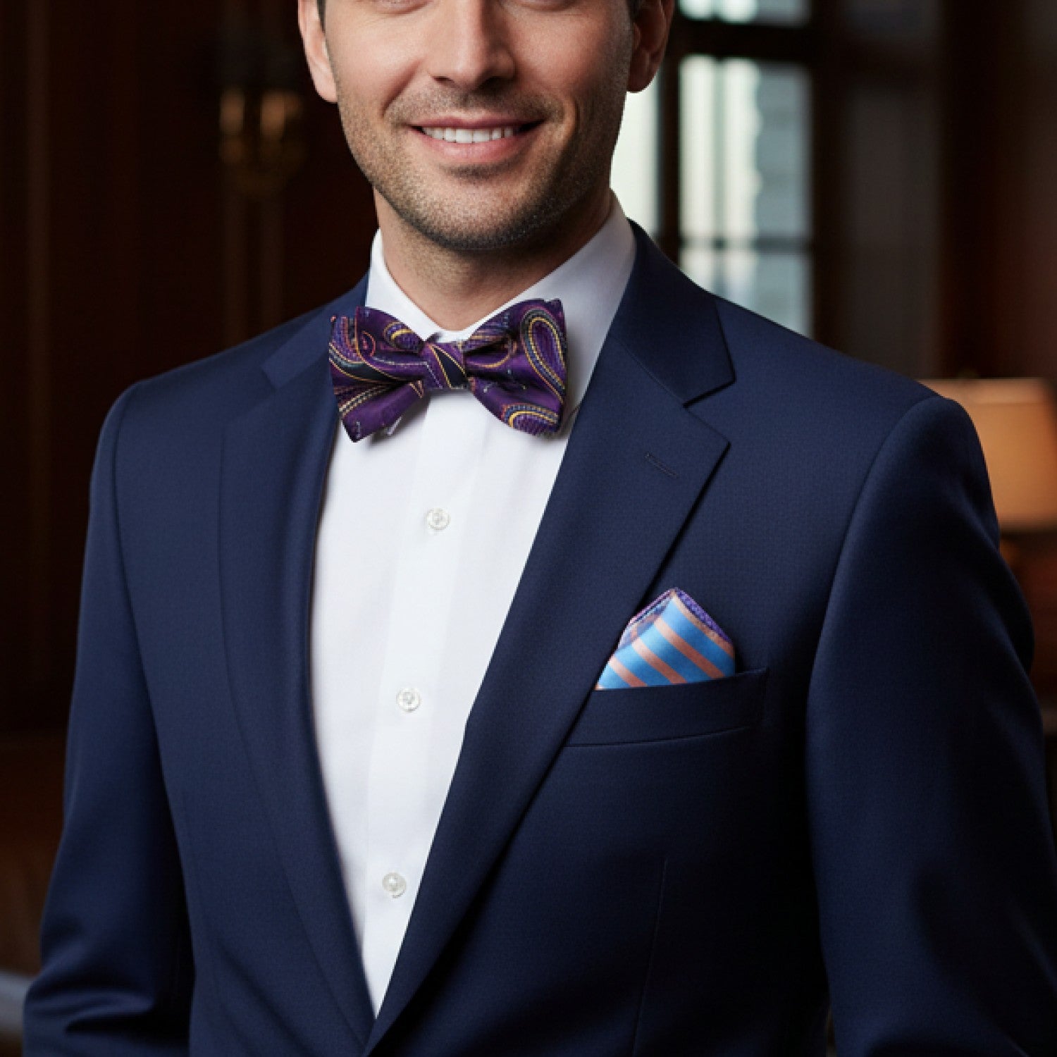 Man wearing a navy suit with a purple bow tie and striped pocket square, indoors.