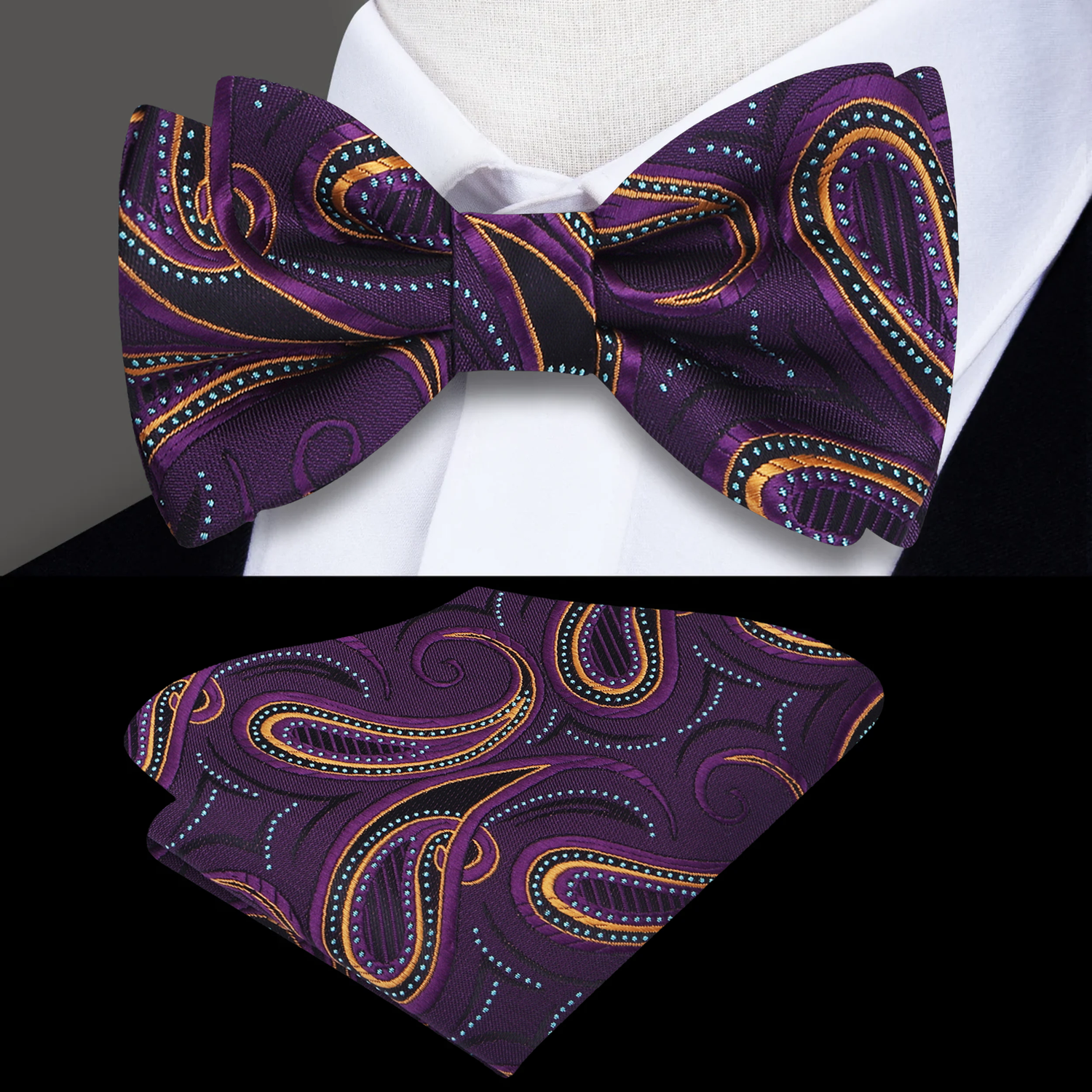 Purple Black Orange Dusk Till Dawn Paisley Bow Tie and Square