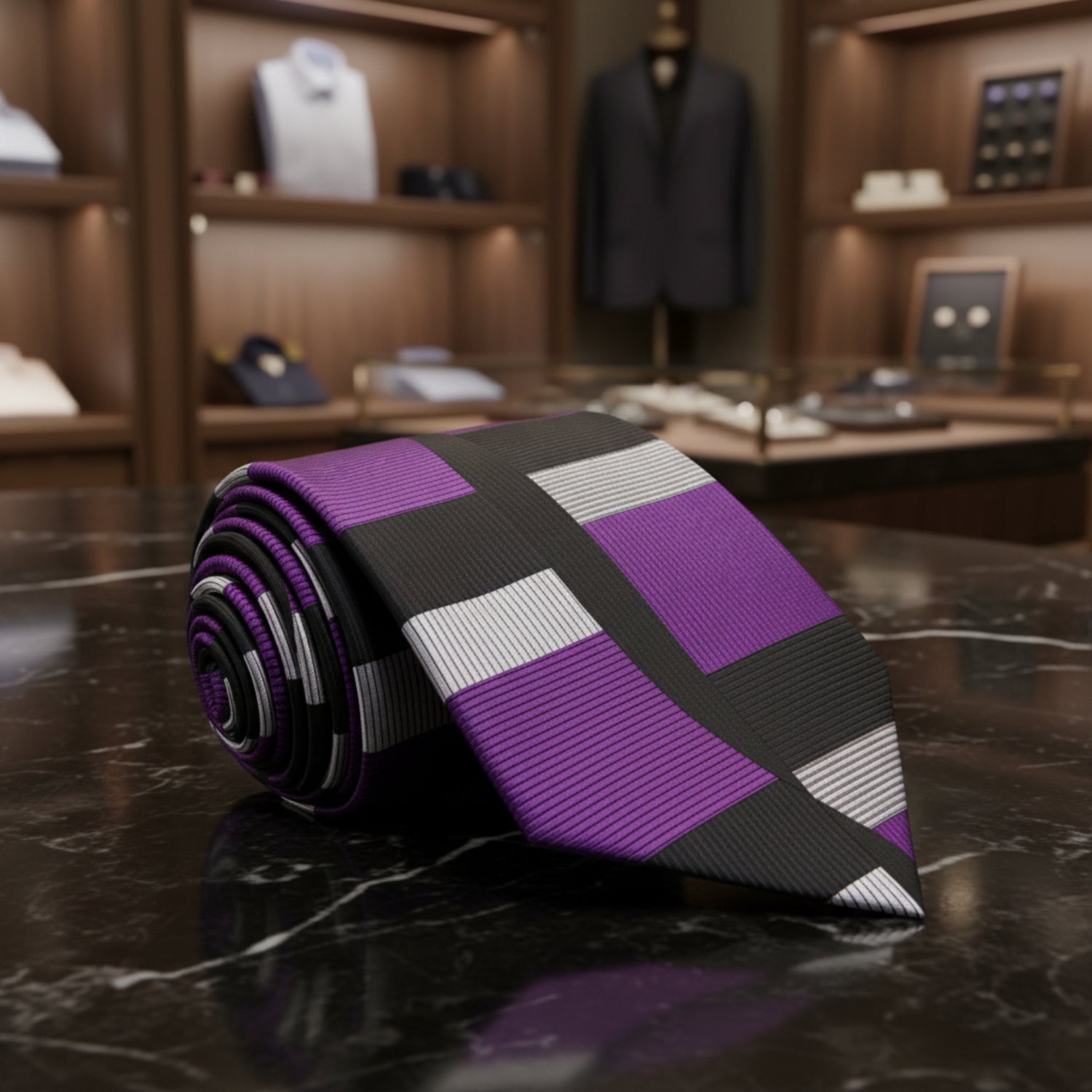 Boys Grey and Black or Purple, Black, Grey Geometric Necktie and Pocket Square