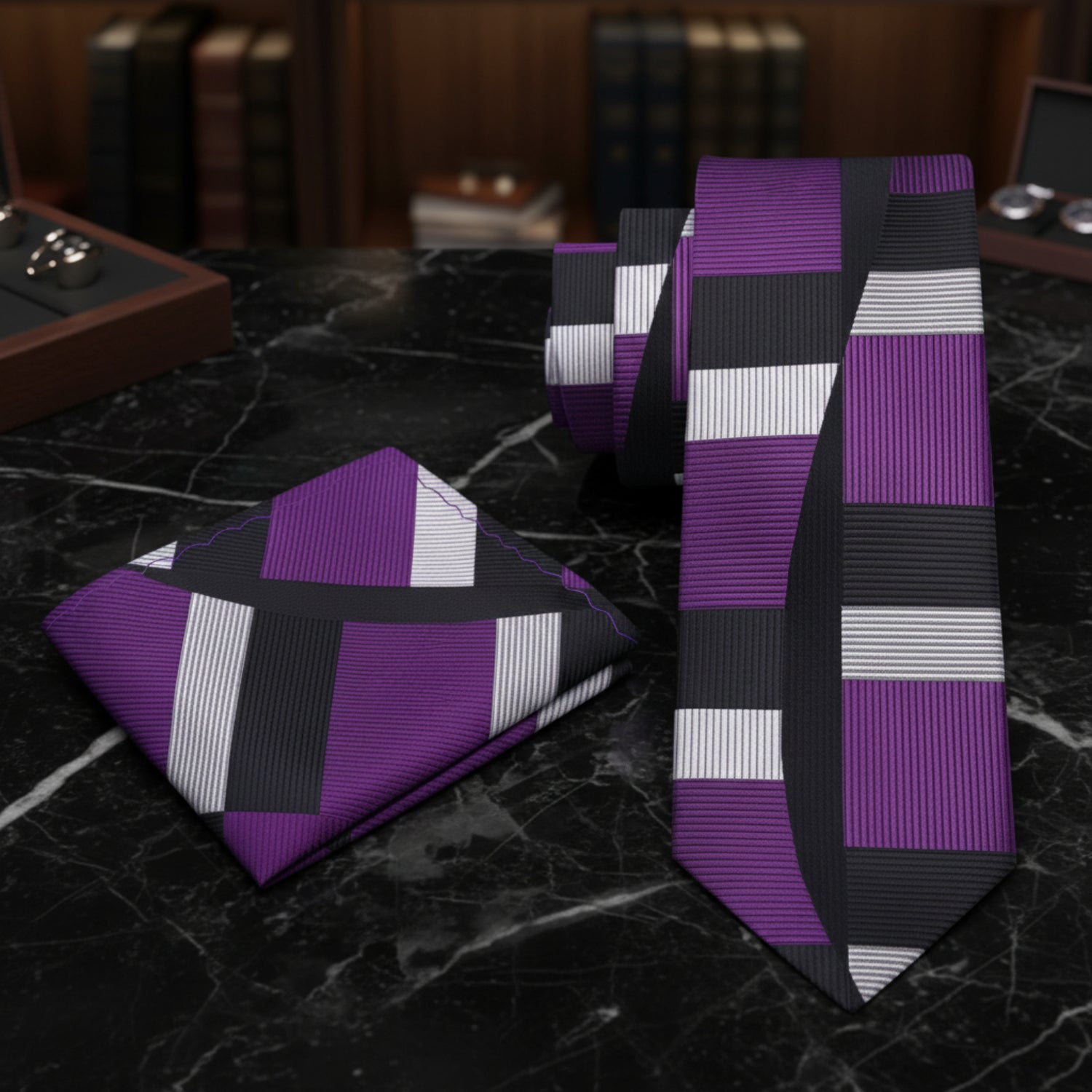 Boys Grey and Black or Purple, Black, Grey Geometric Necktie and Pocket Square