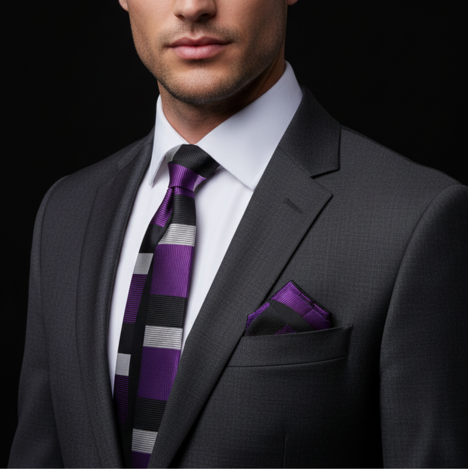 Man wearing a gray suit with a purple tie and pocket square on a black background