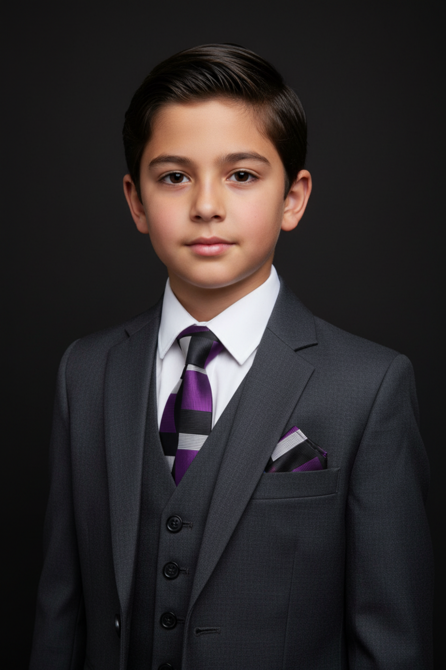 Young boy in a formal suit with a purple tie against a black background