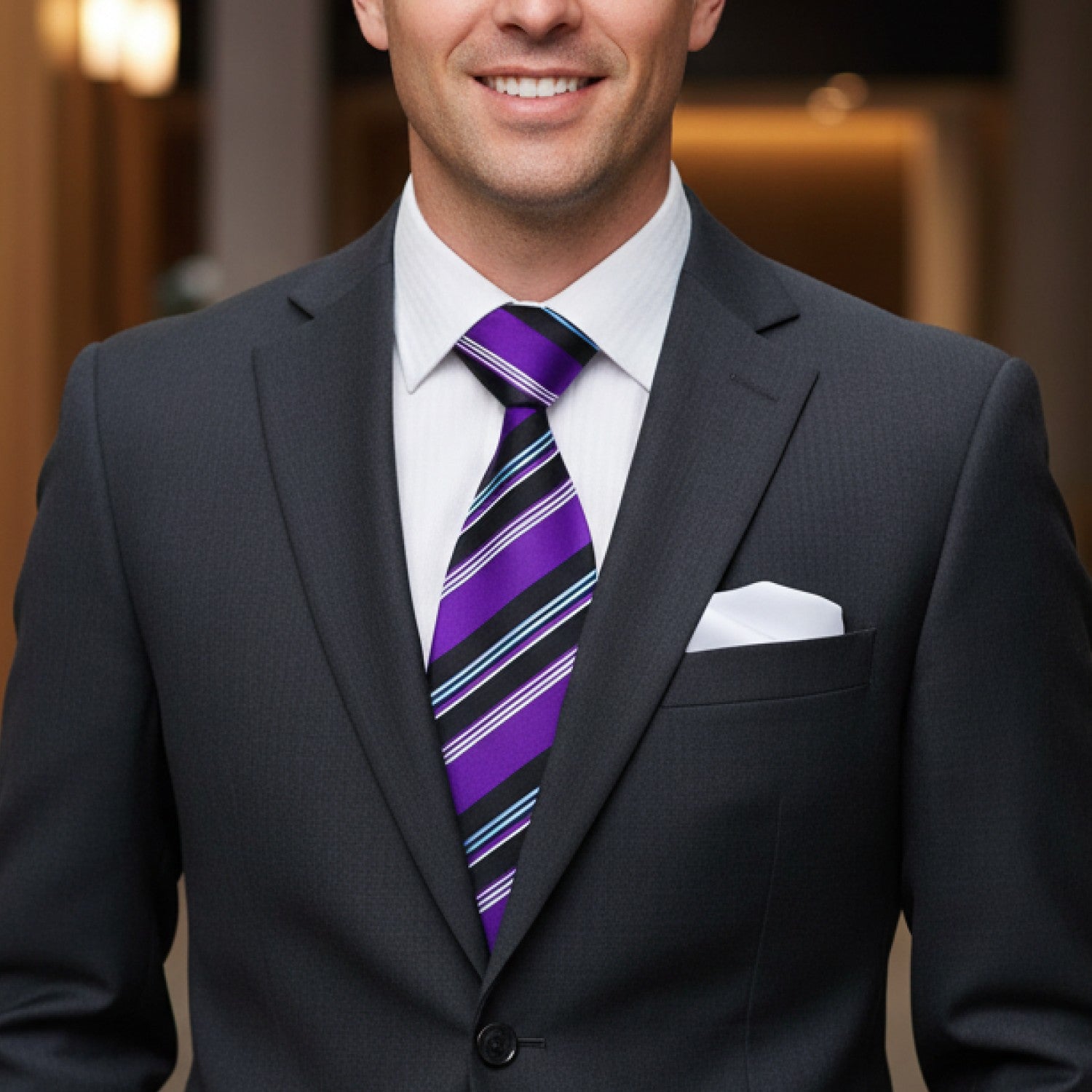 Man wearing a dark suit with a purple striped tie and white pocket square.
