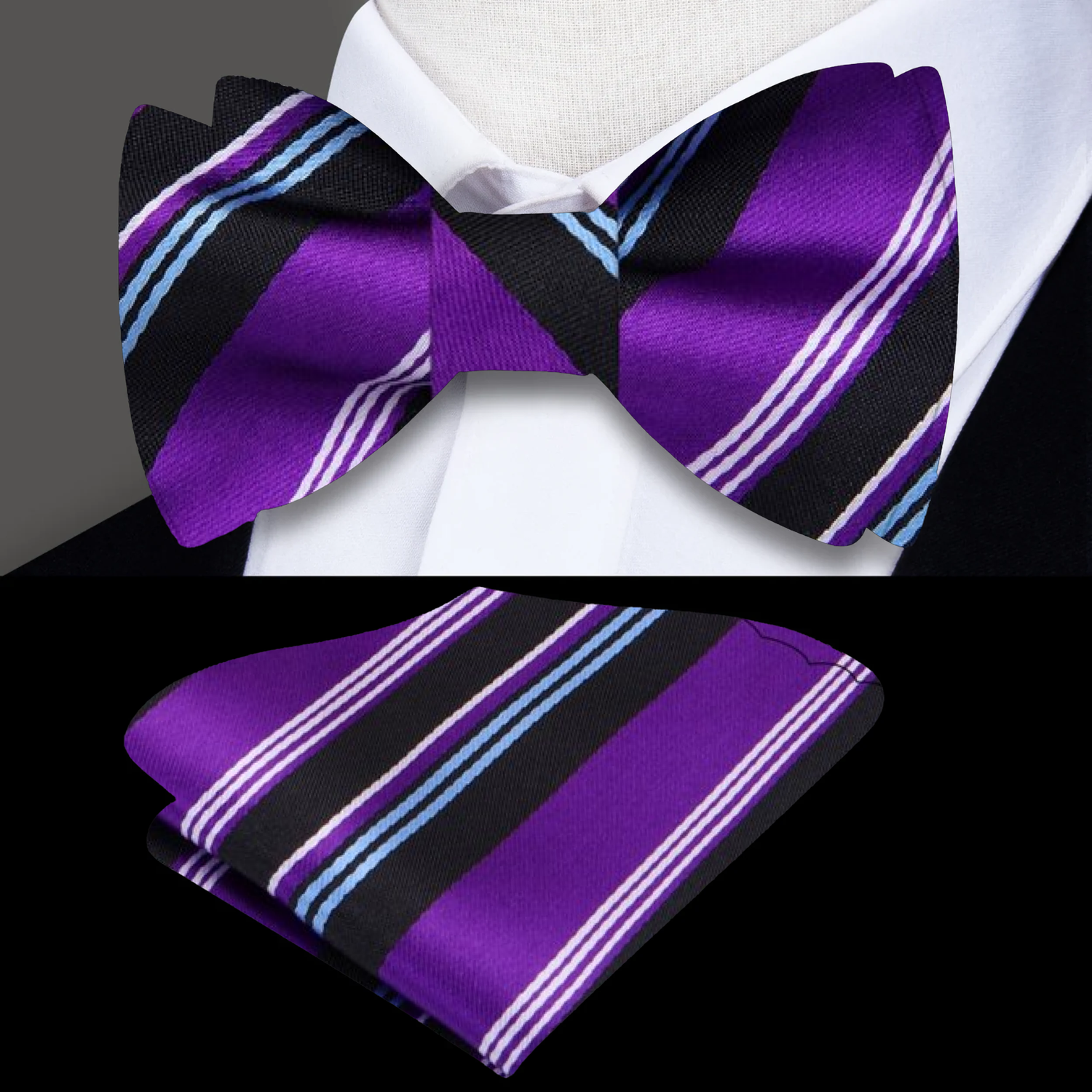 Purple, Black, Blue Stripe Bow Tie and Square