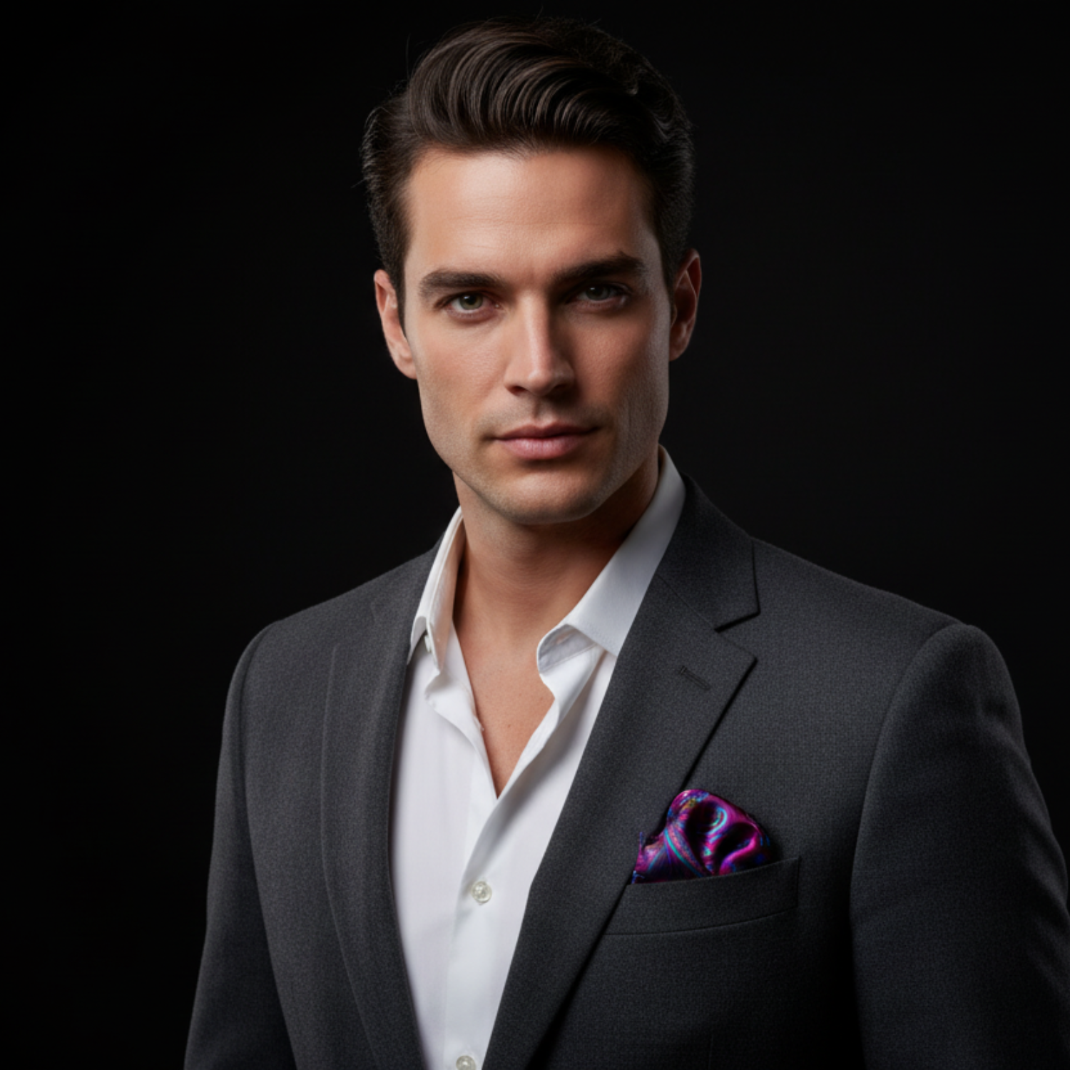 man wearing suit and purple paisley square