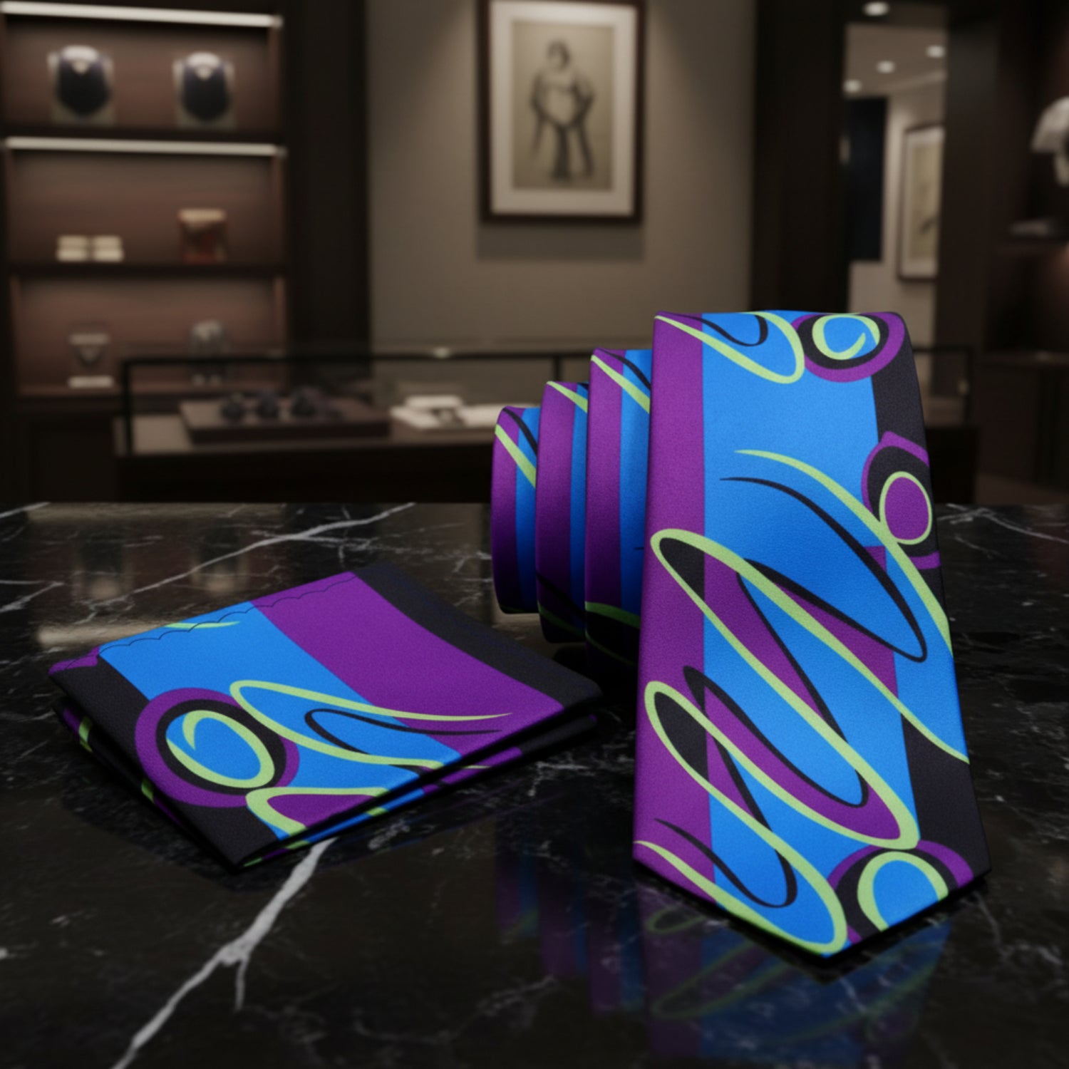 Colorful tie with abstract design on a white background