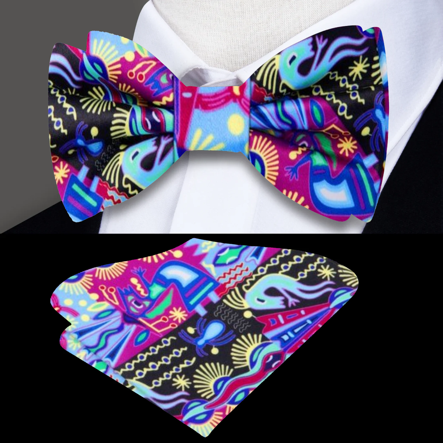 Purple, Black, Light Blue, Yellow Southwestern Symbols Bow Tie and Pocket Square