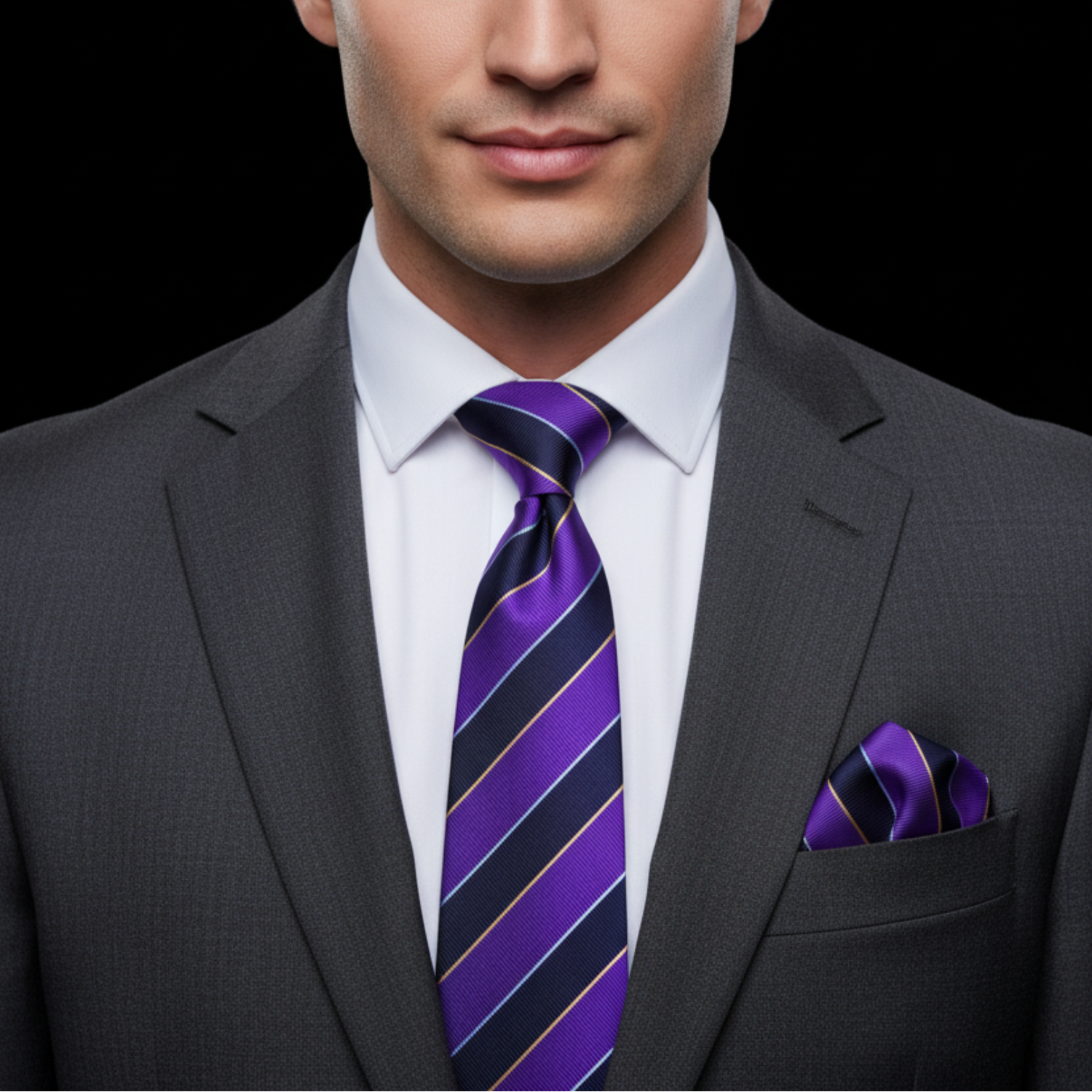 Purple and Blue Stripe Tie and Square on Man