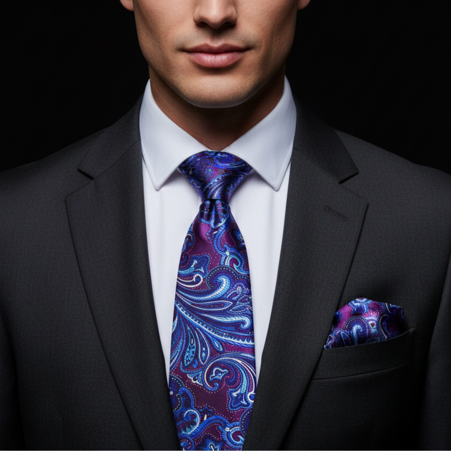 Man Purple, Blue Paisley Tie and Square