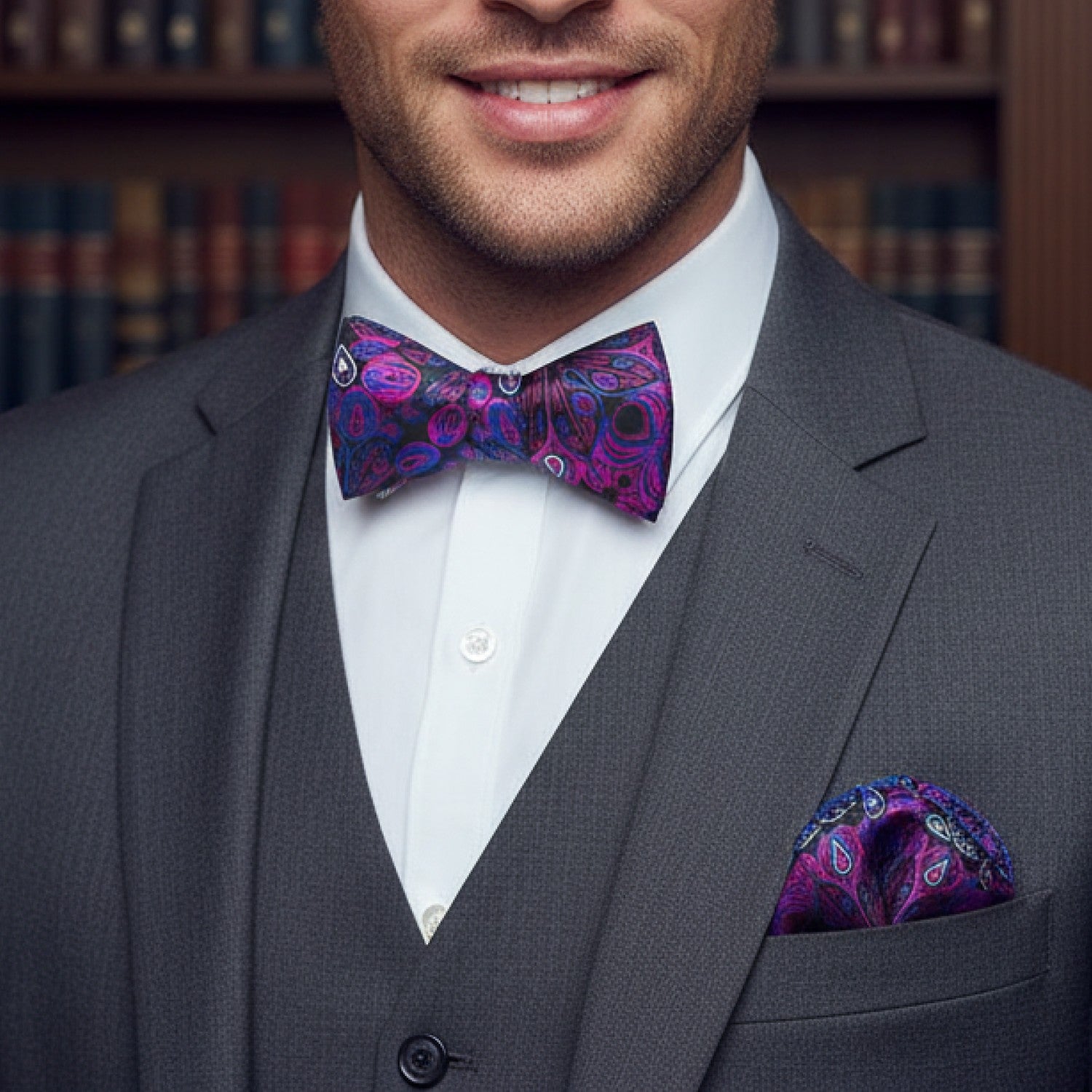 Man wearing a gray suit with a purple paisley bow tie and pocket square in front of a bookshelf.