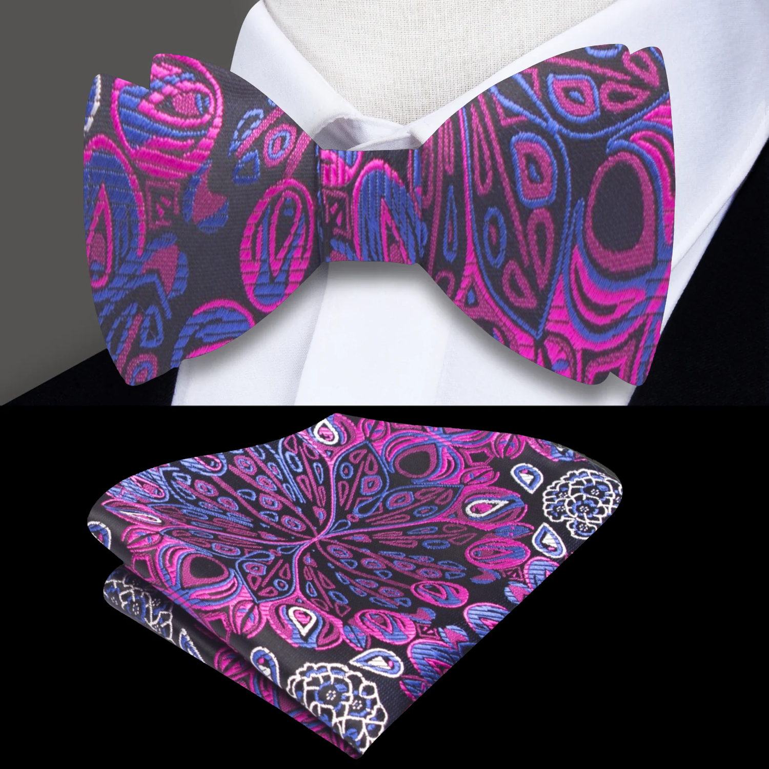 A Purple, Blue Abstract Peacock Feather Pattern Self Tie Bow Tie, Matching Pocket Square