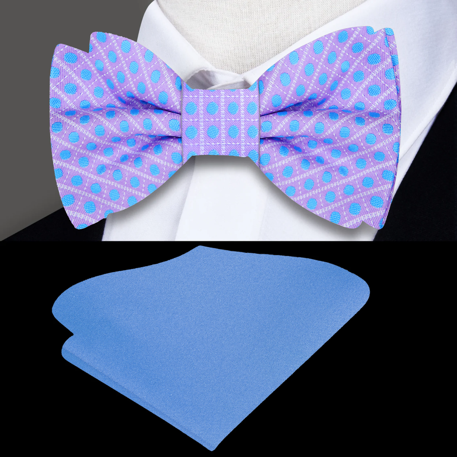 Purple, Blue Geometric with Dots Bow Tie and Blue Pocket Square