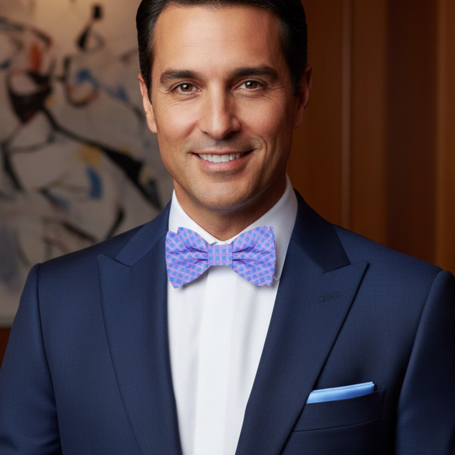 Man wearing a blue suit with a purple bow tie in front of a blurred background