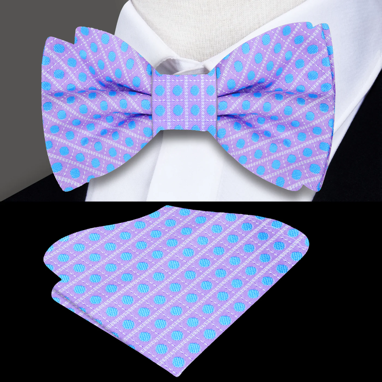 Purple, Blue Geometric with Dots Bow Tie and Pocket Square