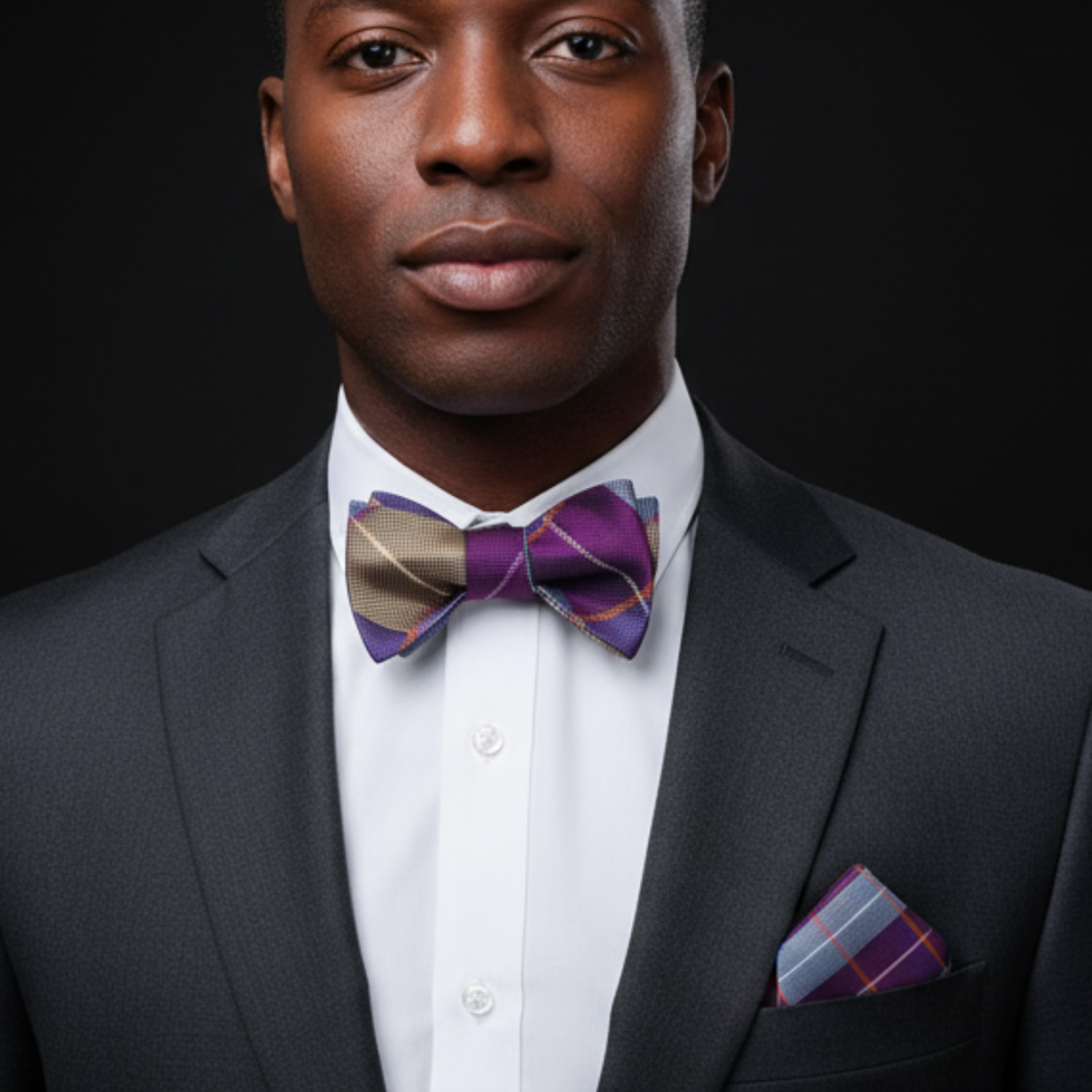 Man wearing a gray suit with a purple bow tie and pocket square on a black background