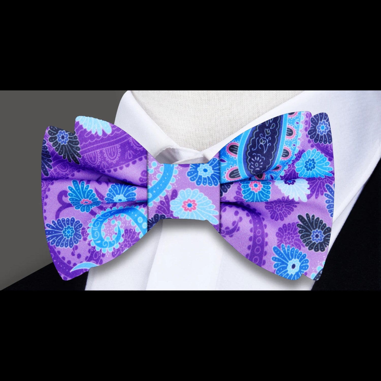 A Light Blue, Blue, Purple, Pink Paisley Bow Tie