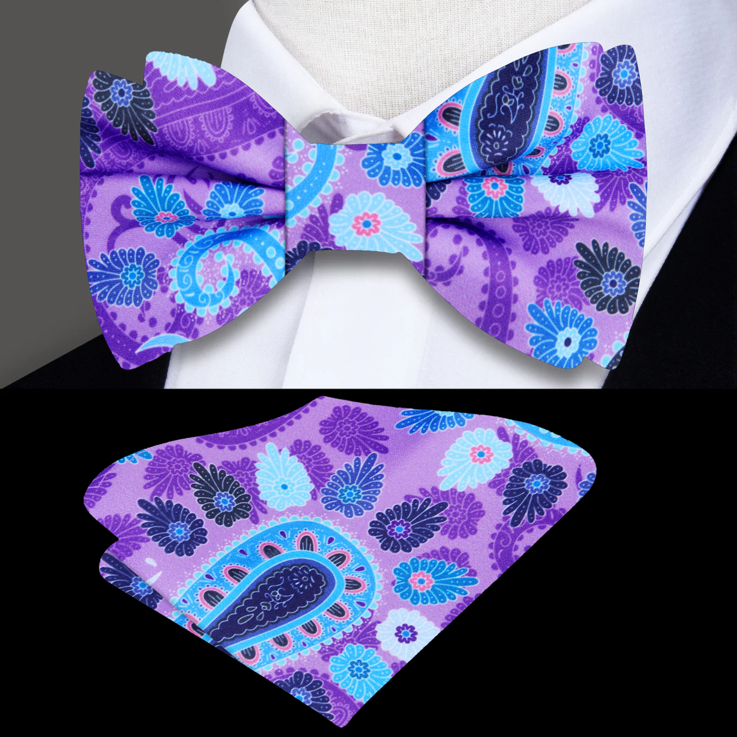 A Light Blue, Blue, Purple, Pink Paisley Bow Tie, Pocket Square