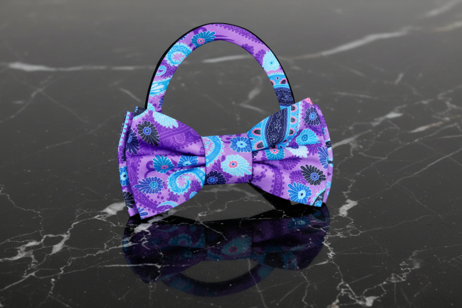 A Light Blue, Blue, Purple, Pink Paisley Bow Tie Pre Tied
