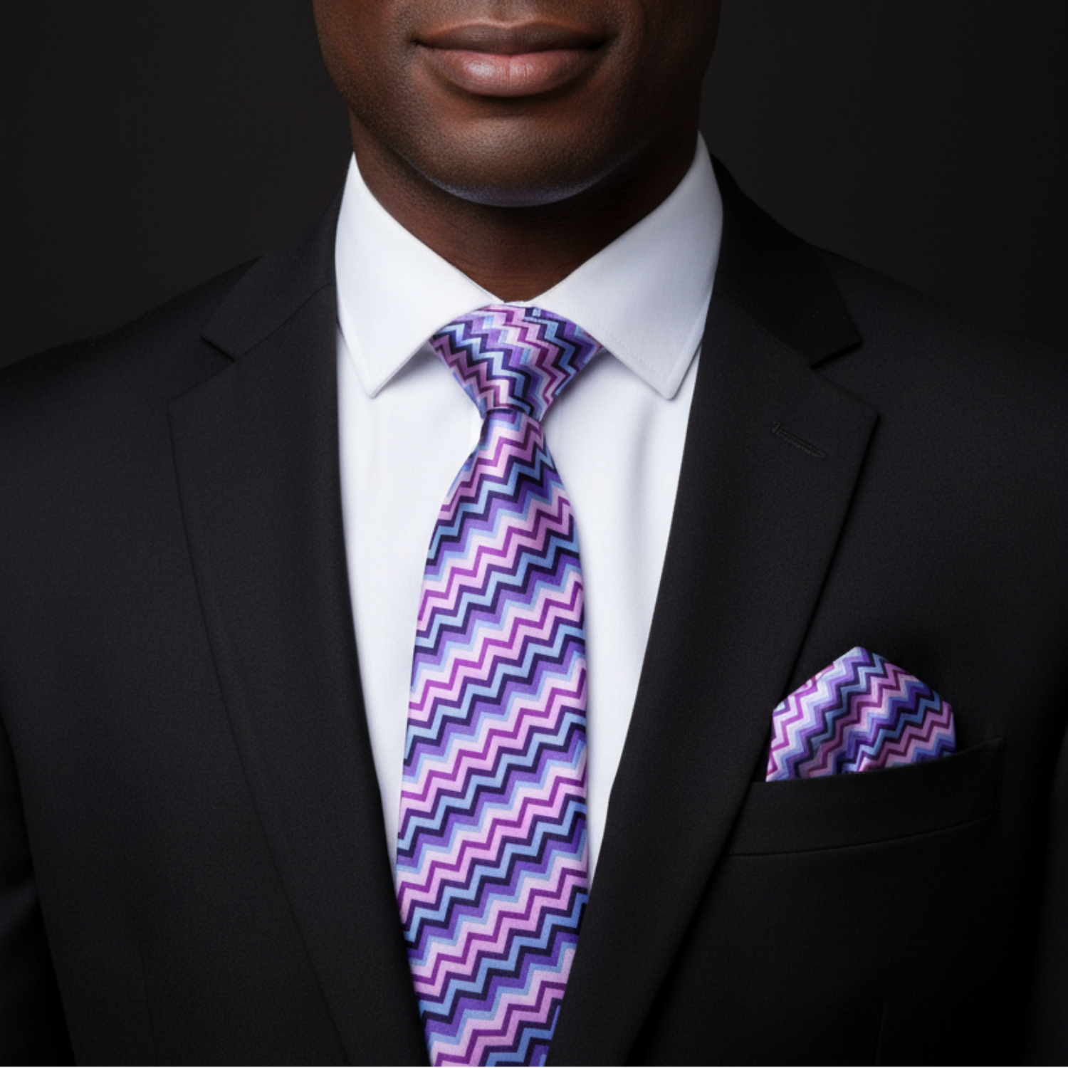 Man wearing a black suit with a purple and blue zigzag tie and pocket square.