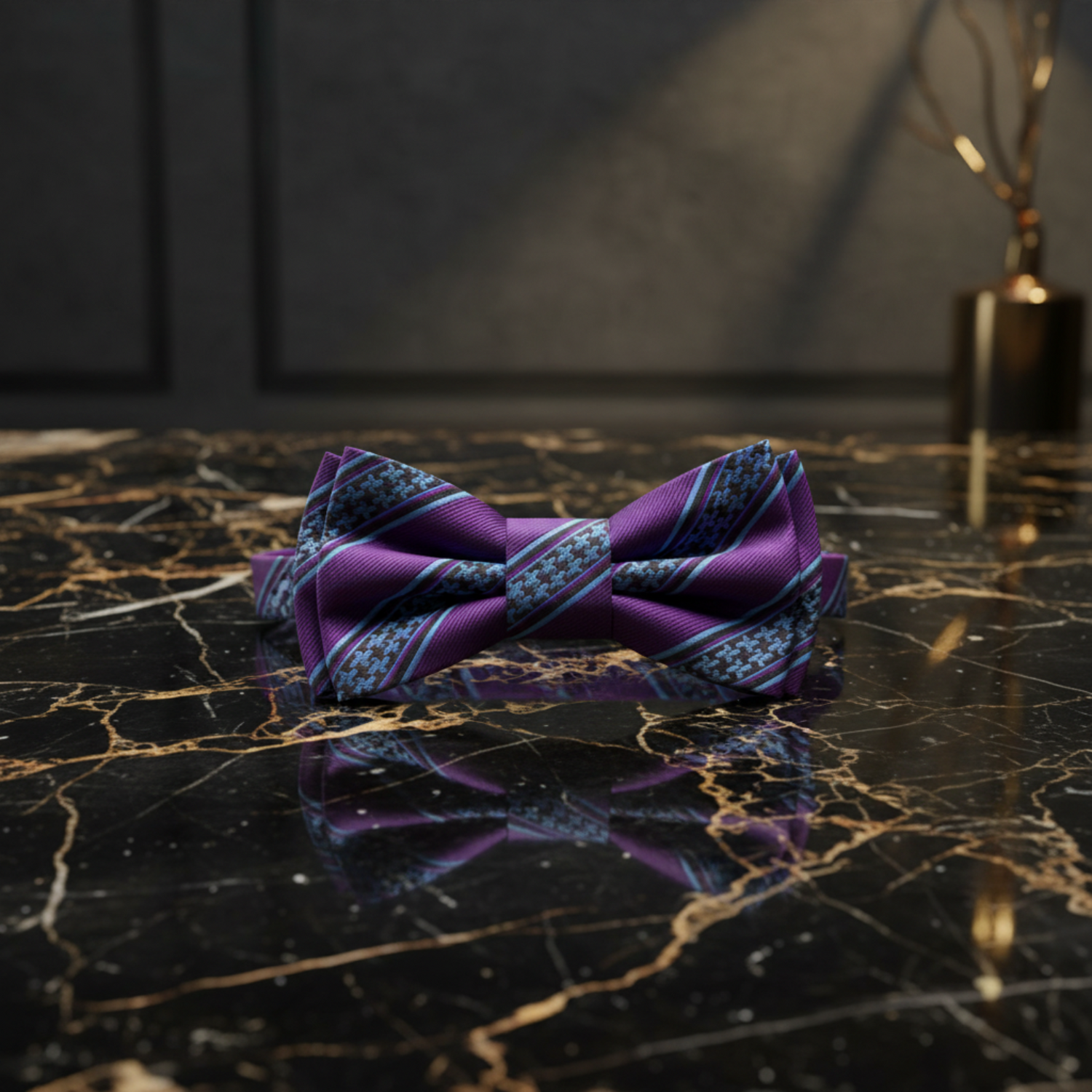 Purple, Light Blue Hounds-tooth In Stripe Bow Tie Pre Tied