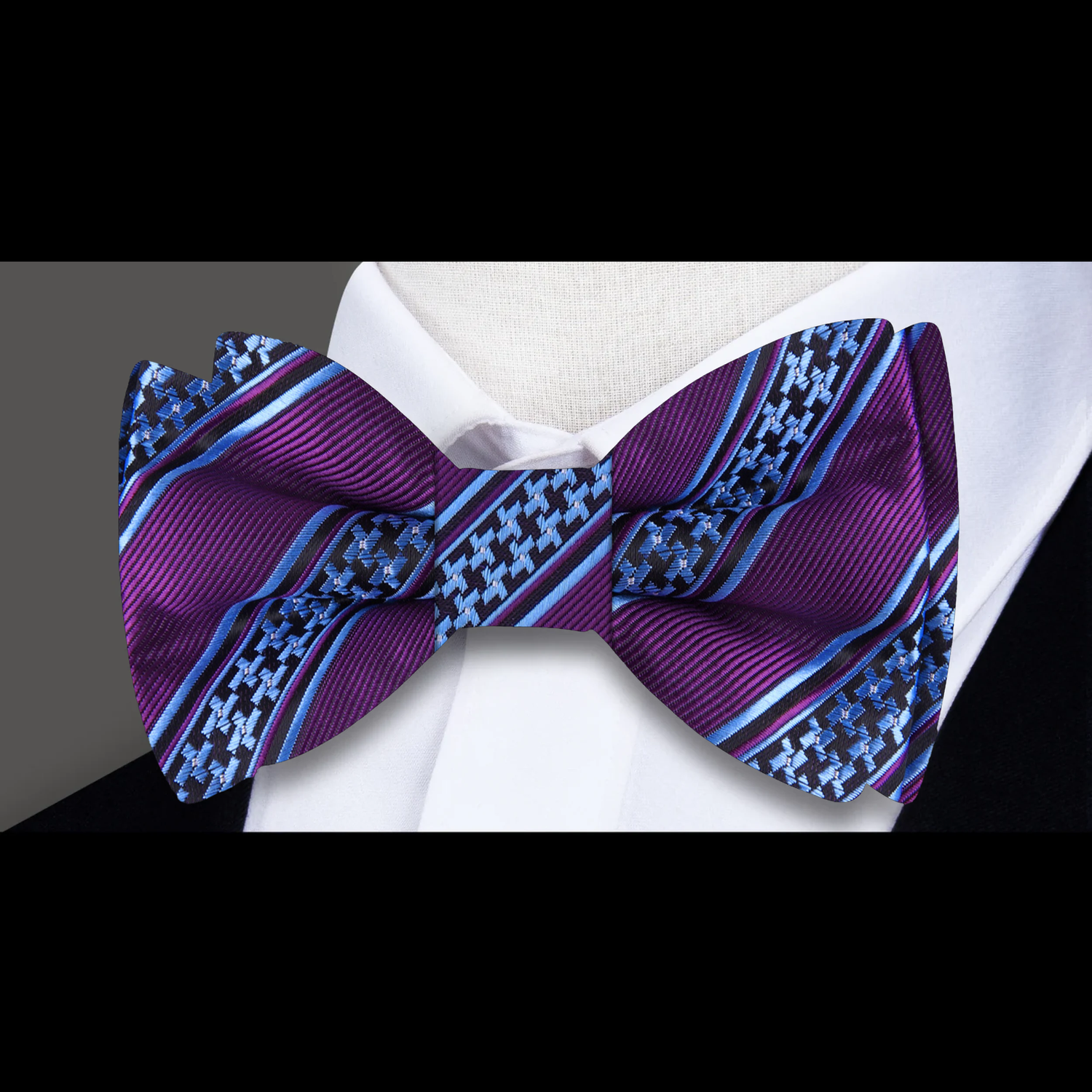 Purple, Light Blue Hounds-tooth In Stripe Bow Tie and Pocket Square