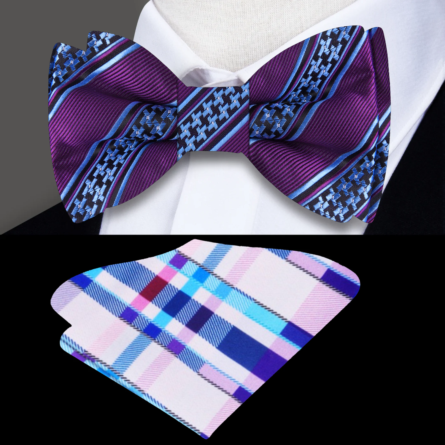 Purple, Light Blue Hounds-tooth In Stripe Bow Tie and Accenting Pocket Square