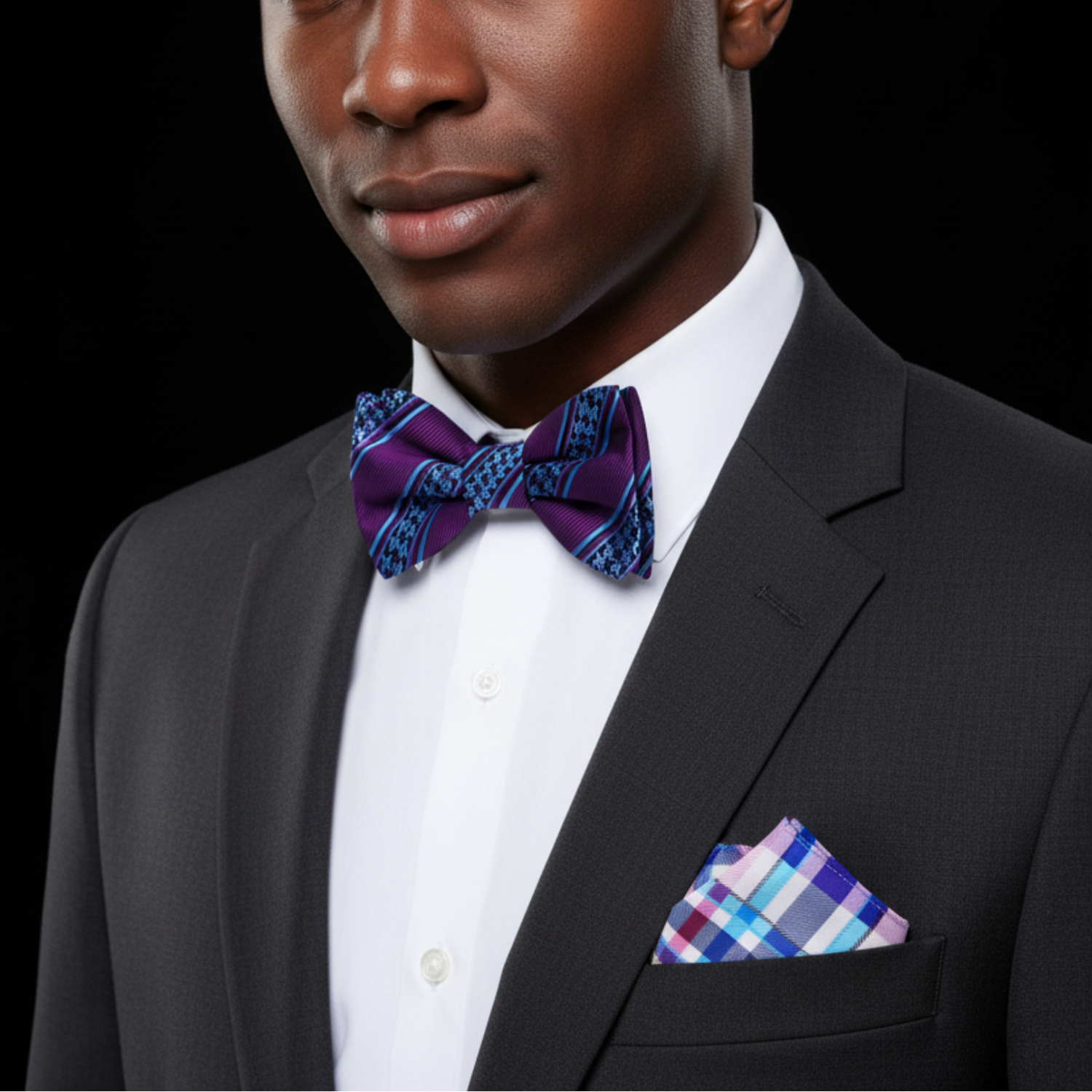 Man wearing a dark suit with a white shirt, purple bow tie, and matching pocket square against a black background.
