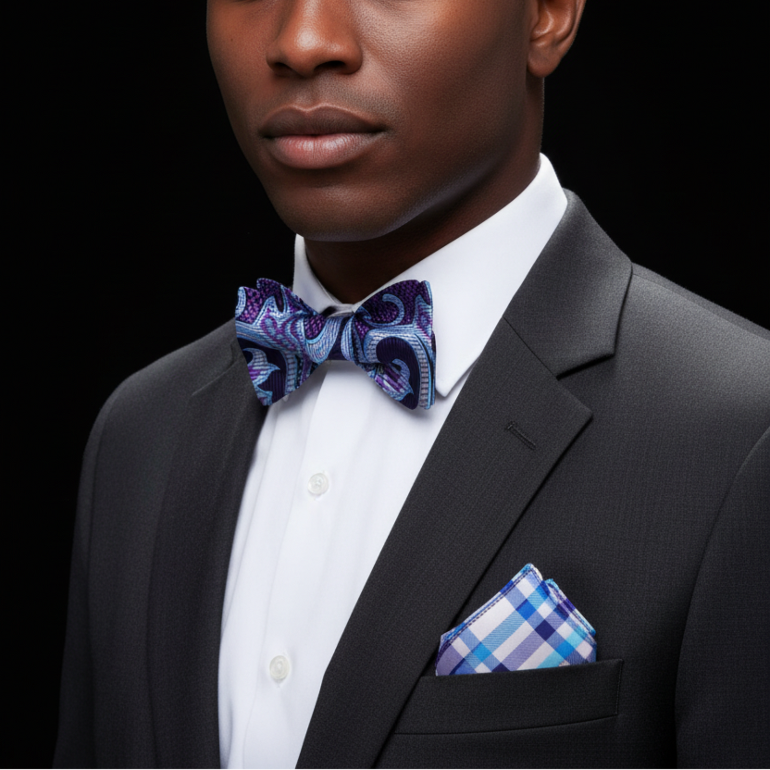 Purple Paisley Bow Tie and Accenting Pocket Square