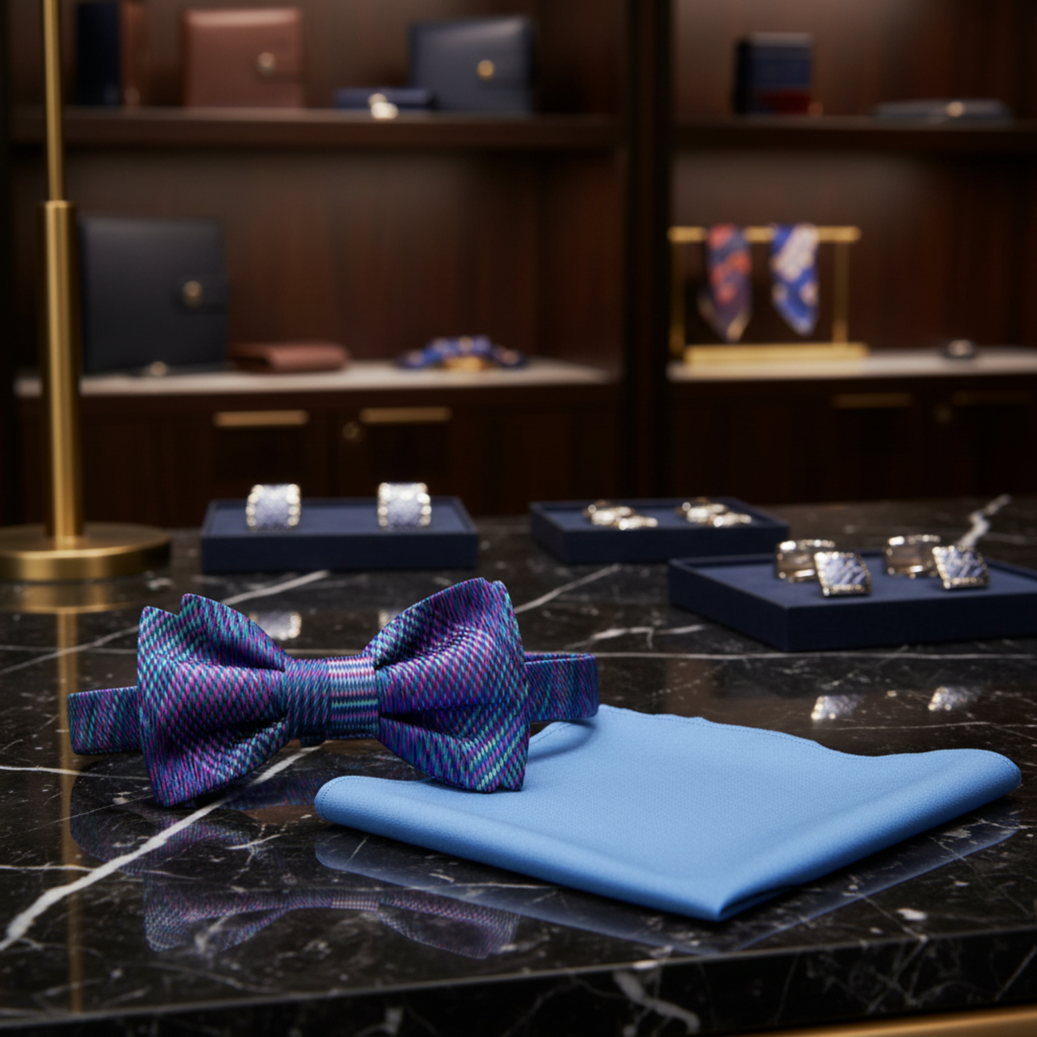 Main: Blue and Purple Plaid Bow Tie and Light Blue Square