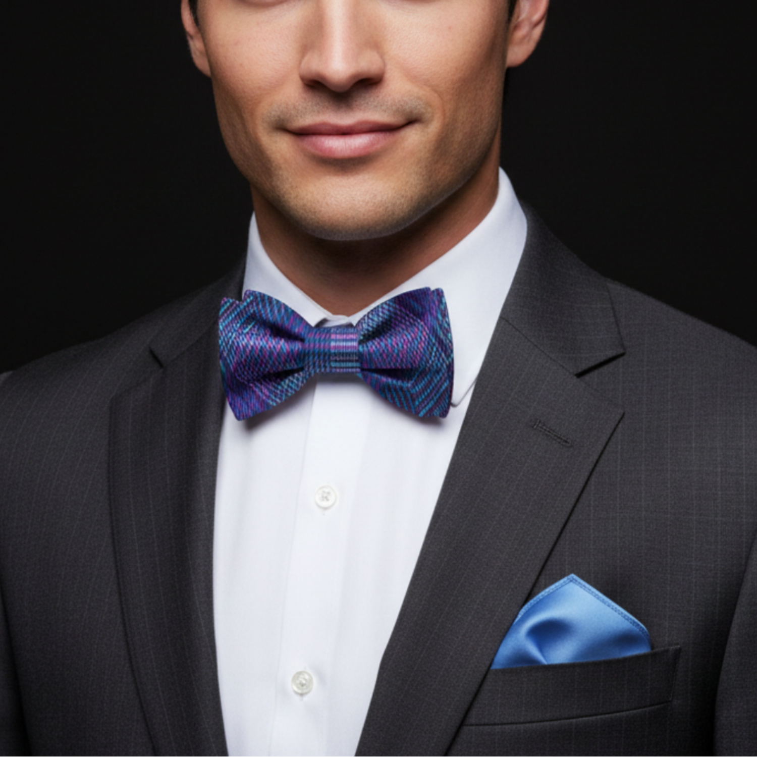 Blue and Purple Plaid Bow Tie and Light Blue Square on man