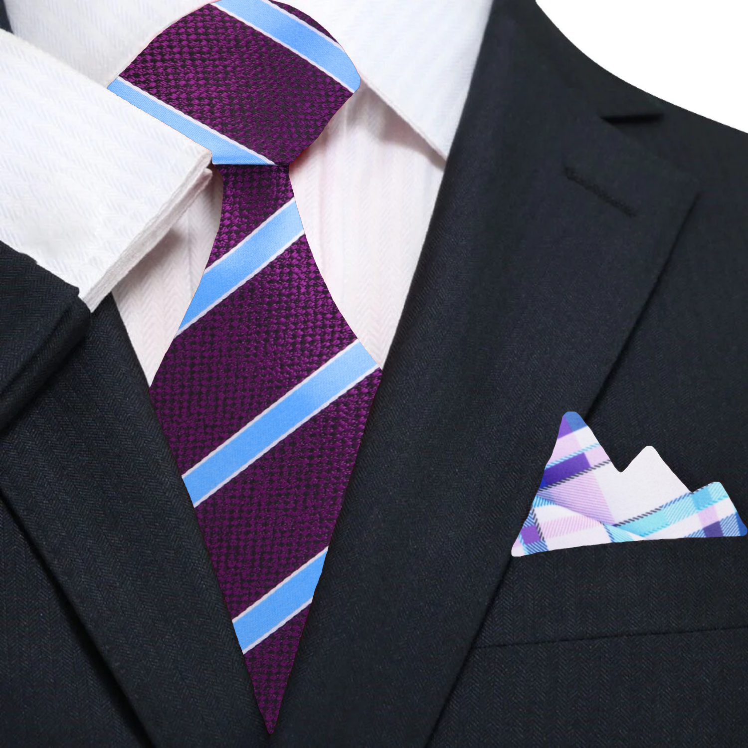 Purple, Light Blue Stripe Tie and Accenting Pocket Square
