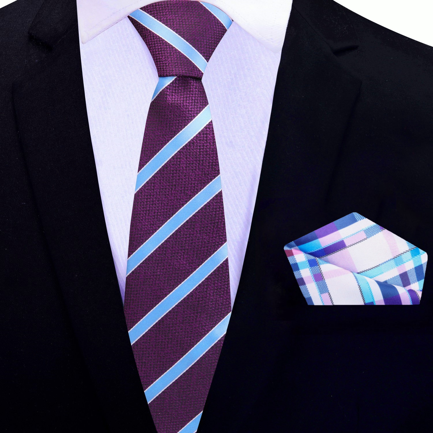 Thin Purple, Light Blue Stripe Tie and Accenting Pocket Square