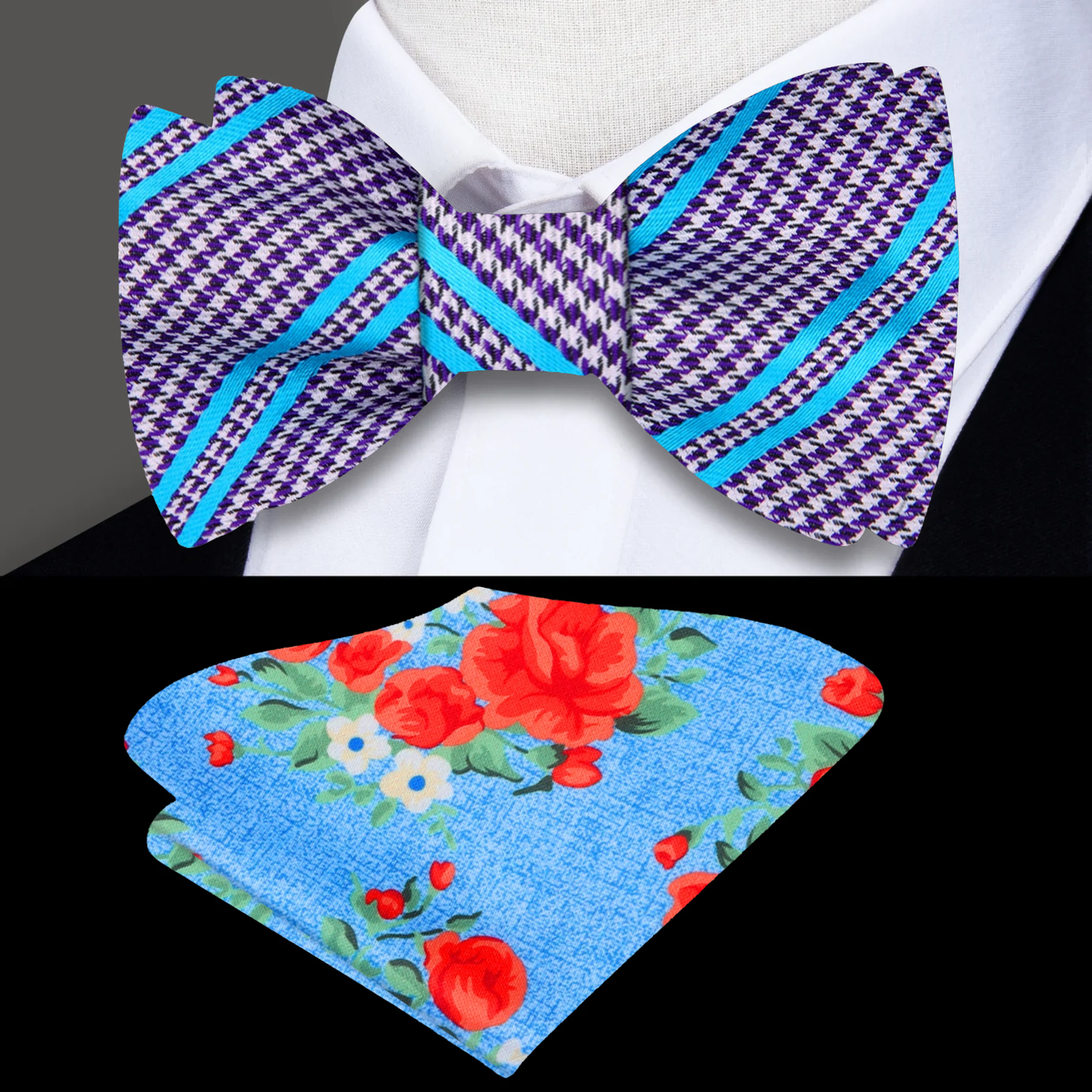 A Grape, Blue Houndstooth with Stripe Pattern Self Tie Bow Tie, Accenting Floral Pocket Square
