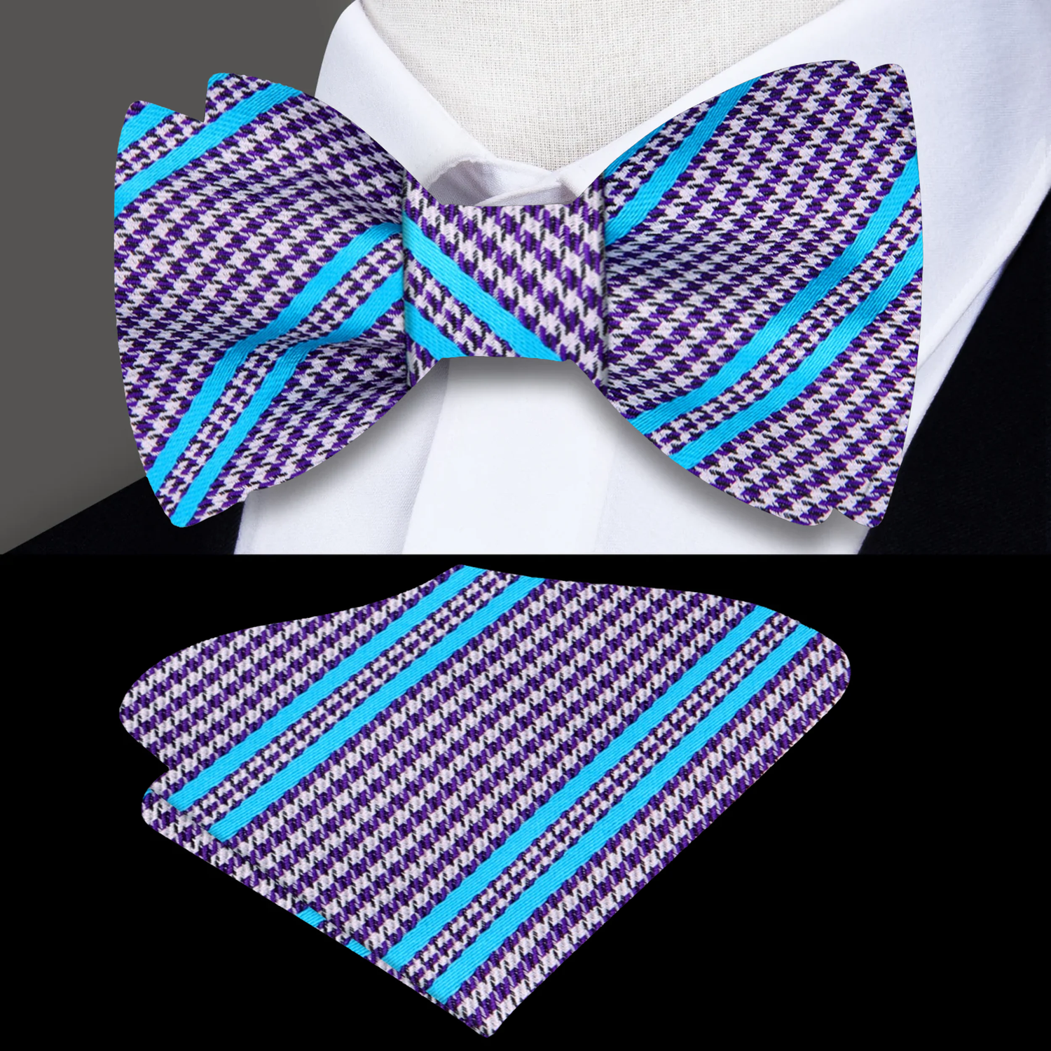 A Grape, Blue Houndstooth with Stripe Pattern Self Tie Bow Tie, Matching Pocket Square
