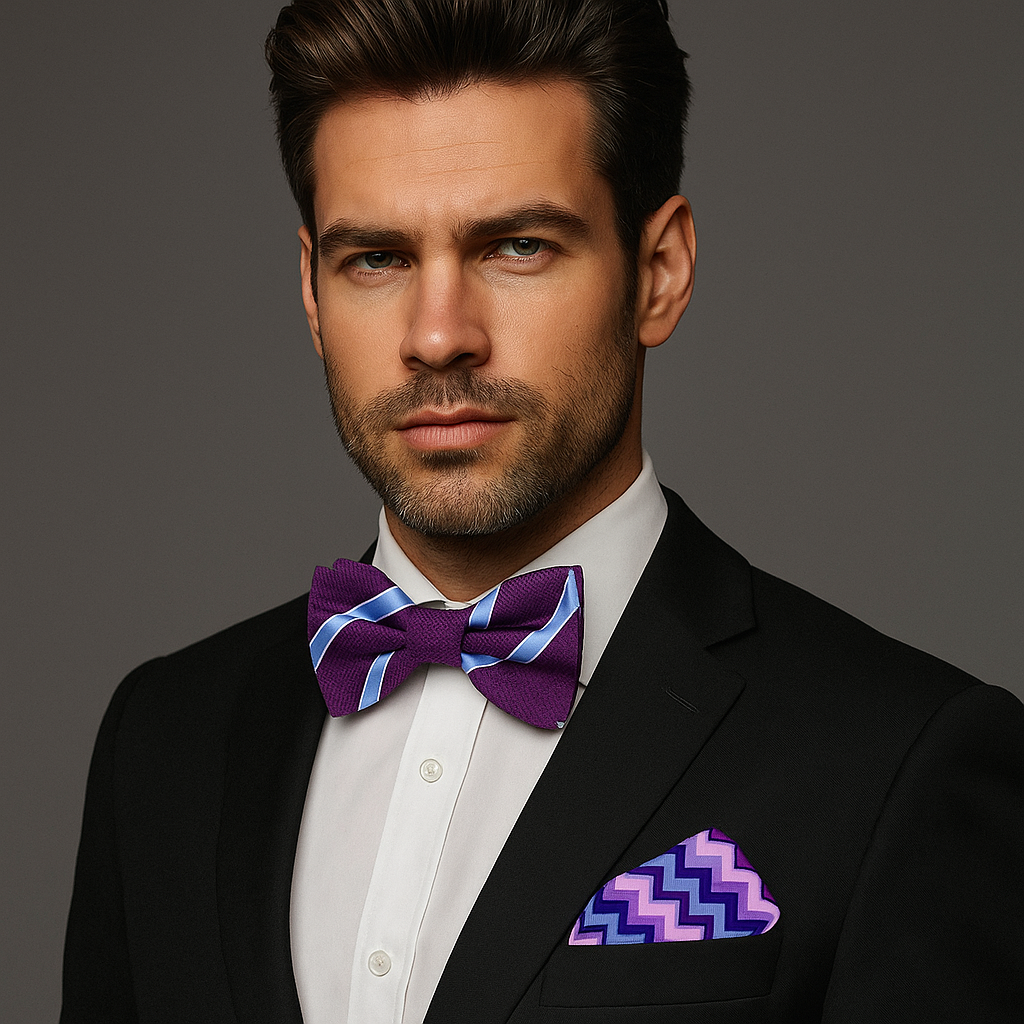 Man wearing a black suit with a purple bow tie and matching pocket square on a gray background