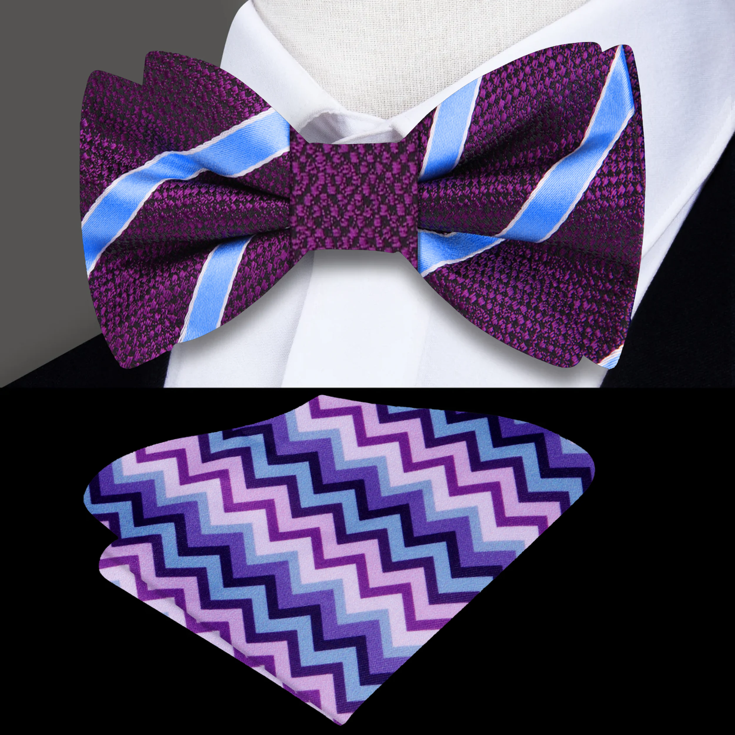 Deep Purple, Blue Stripe Bow Tie And Accenting Pocket Square