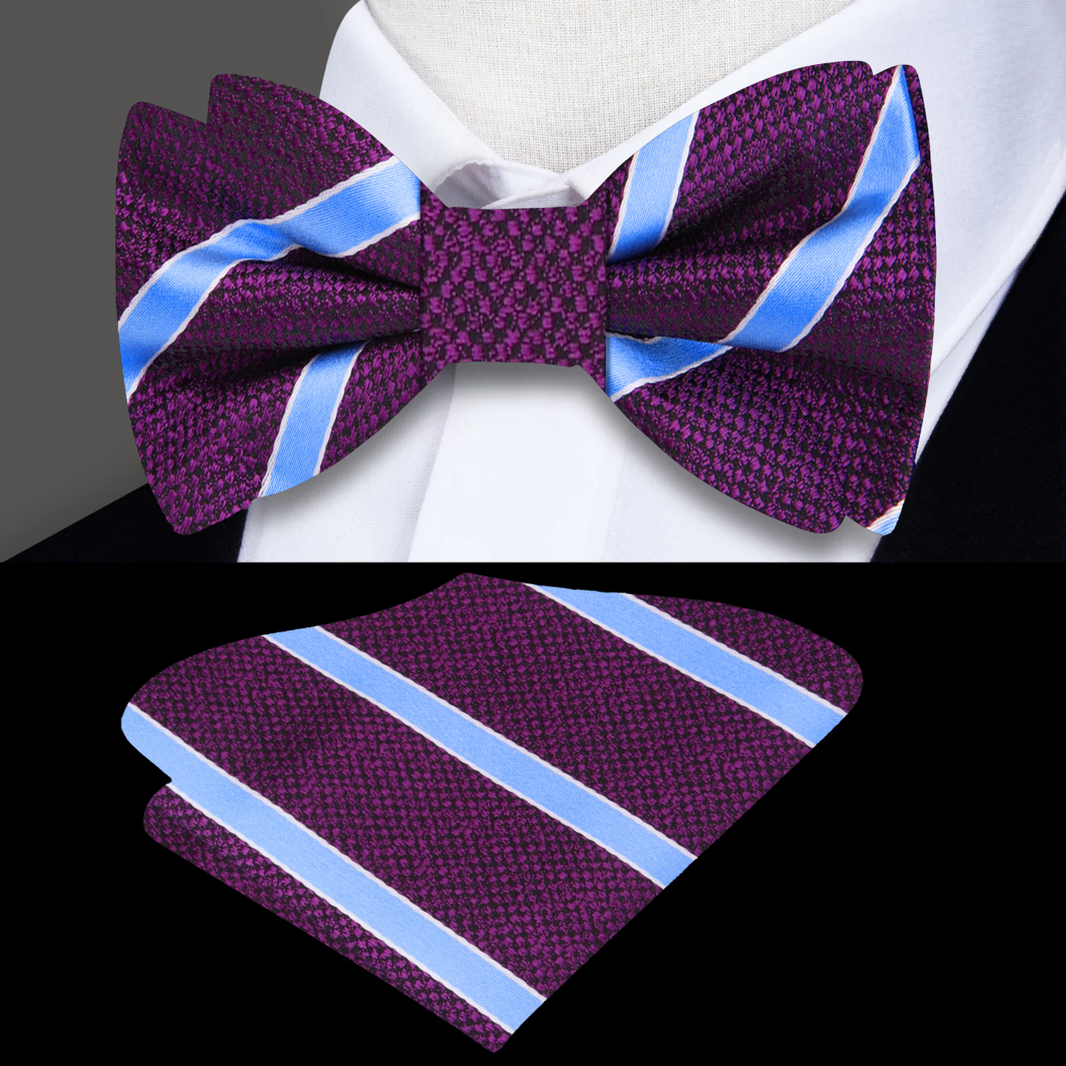 Deep Purple, Blue Stripe Bow Tie And Pocket Square
