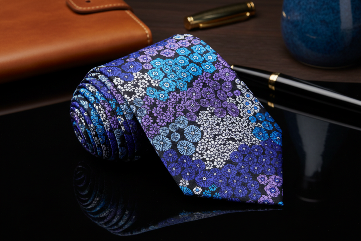 Blue, Purple and White Flowers Necktie 